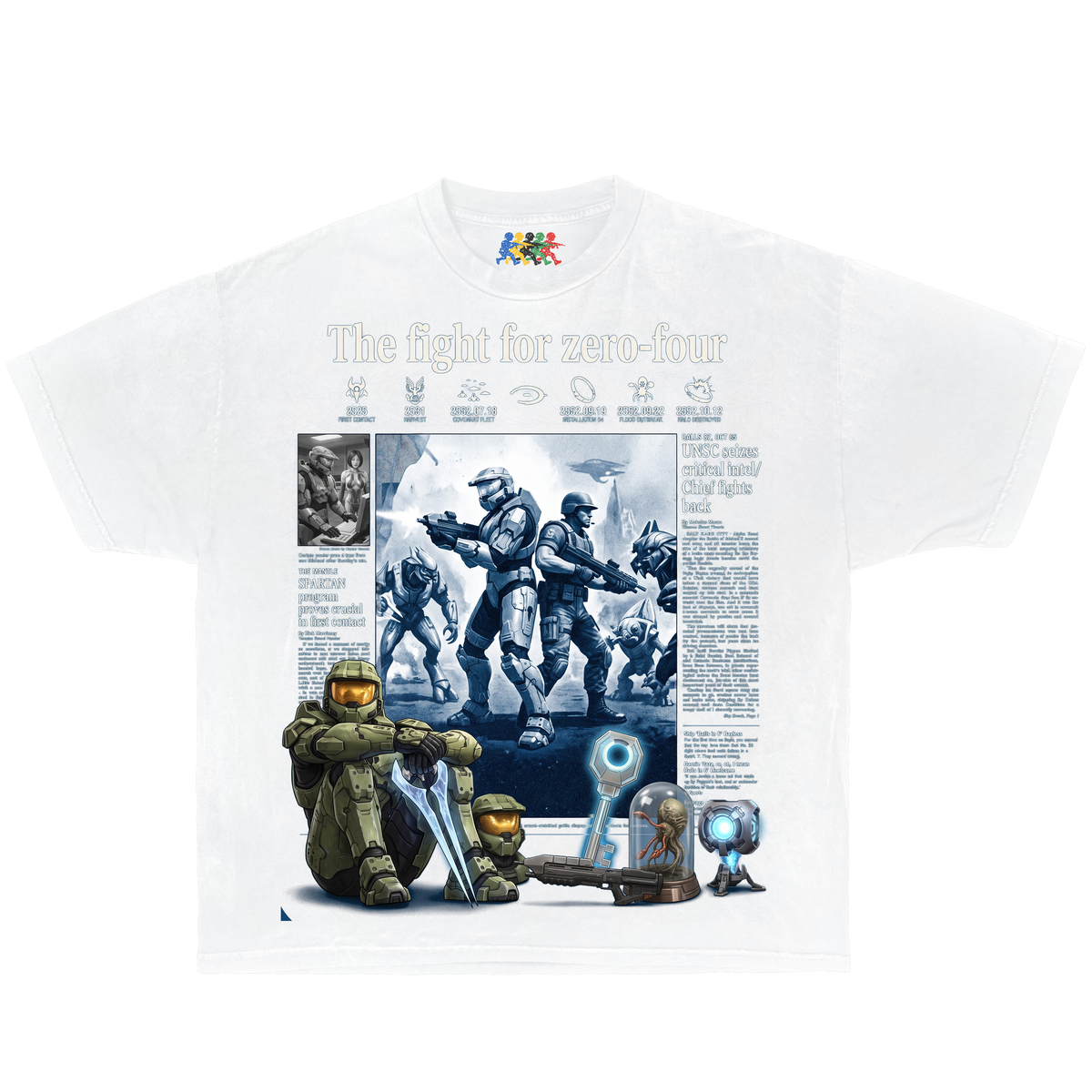 White Halo Master Chief Fight for Zero-Four timeline graphic t-shirt with Cortana and Halo characters