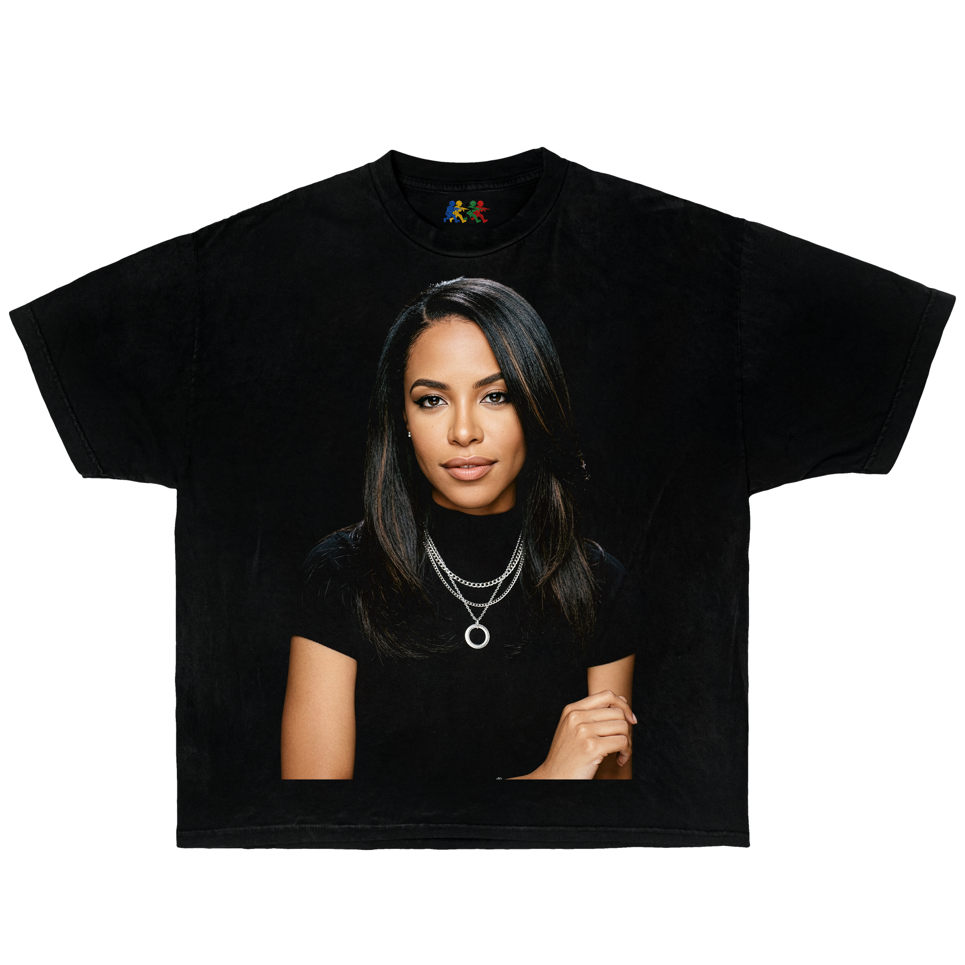 Black Aaliyah vintage graphic T-shirt featuring a large portrait print in 90s R&B hip hop streetwear style