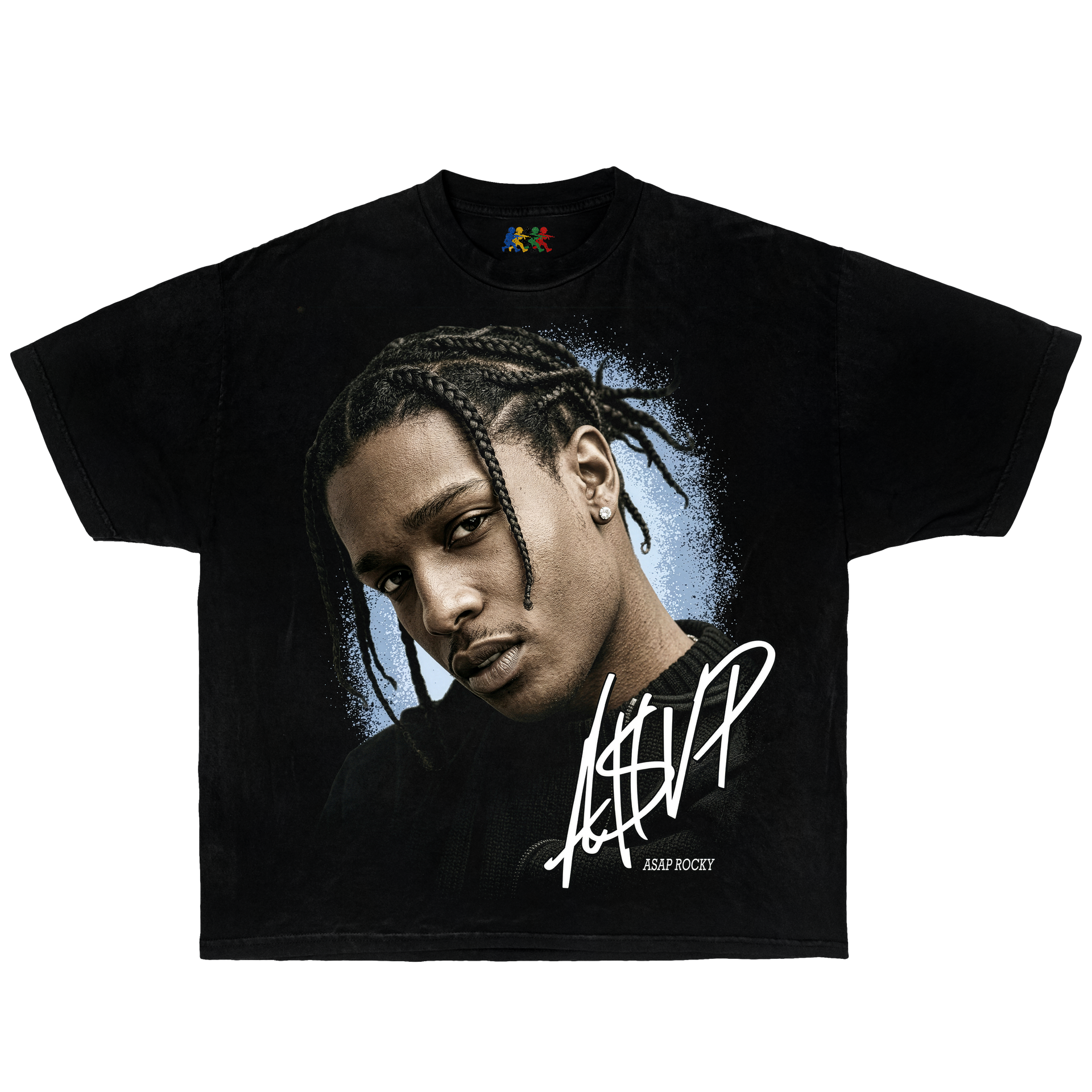 Black A$AP Rocky graphic T-shirt featuring a large vintage-style portrait print with signature detail in hip hop streetwear style