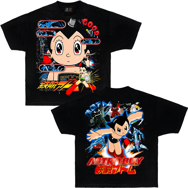 Black Astro Boy vintage anime graphic T-shirt with colorful front and back Japanese manga artwork in Y2K streetwear style