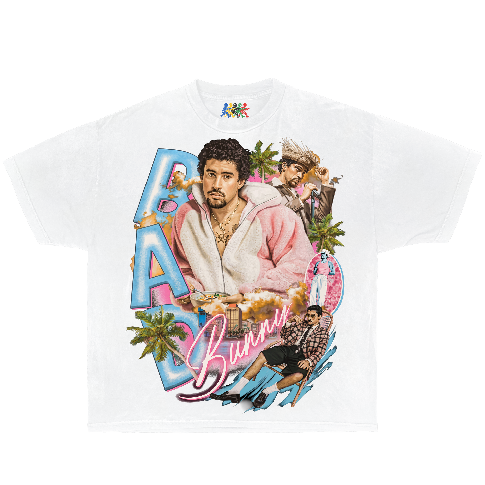 White Bad Bunny vintage graphic T-shirt featuring a colorful collage portrait design with tropical vacation artwork in Y2K streetwear style