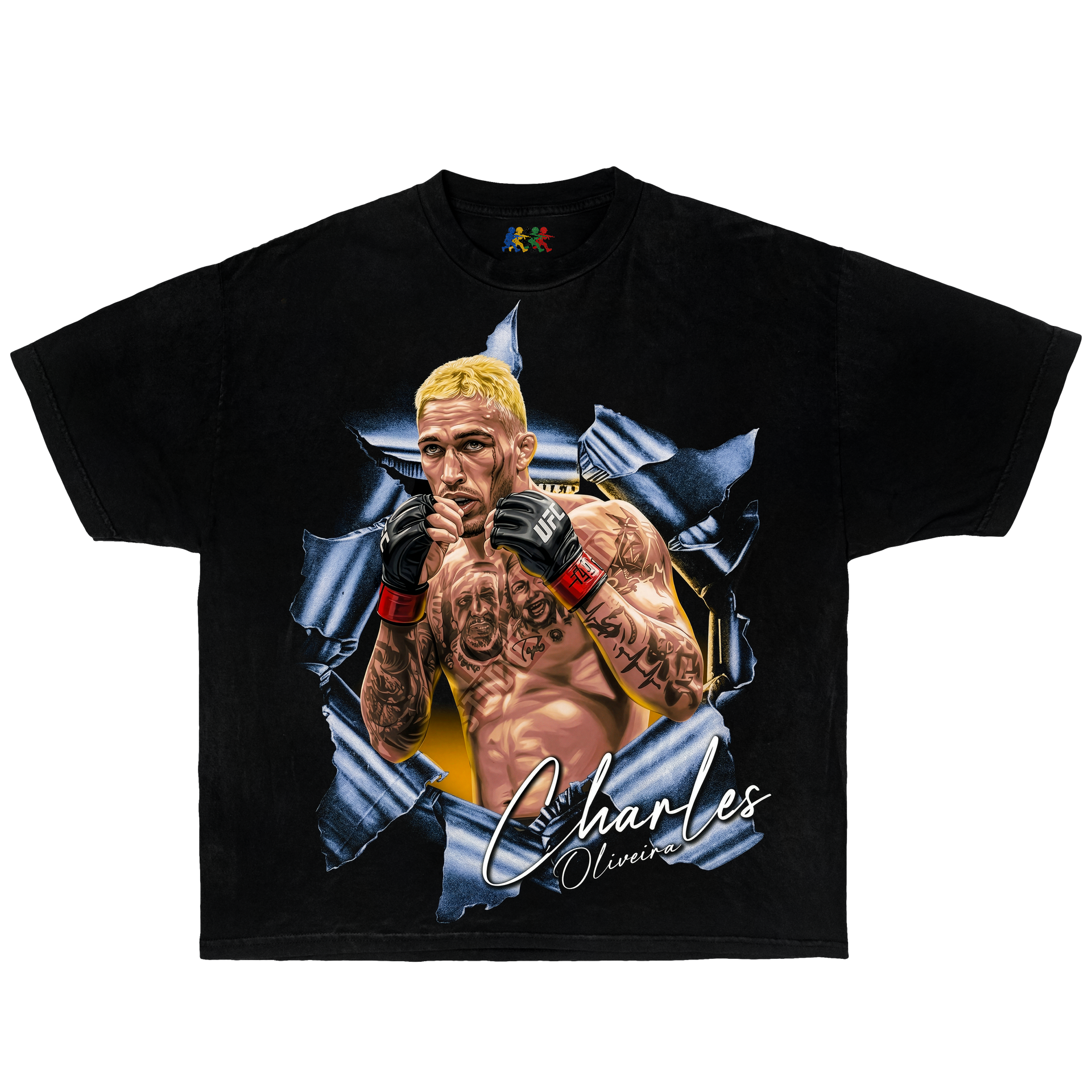 Black Charles Oliveira graphic T-shirt featuring a vintage UFC fighter portrait with ripped wall effect and signature-style text in Y2K streetwear style