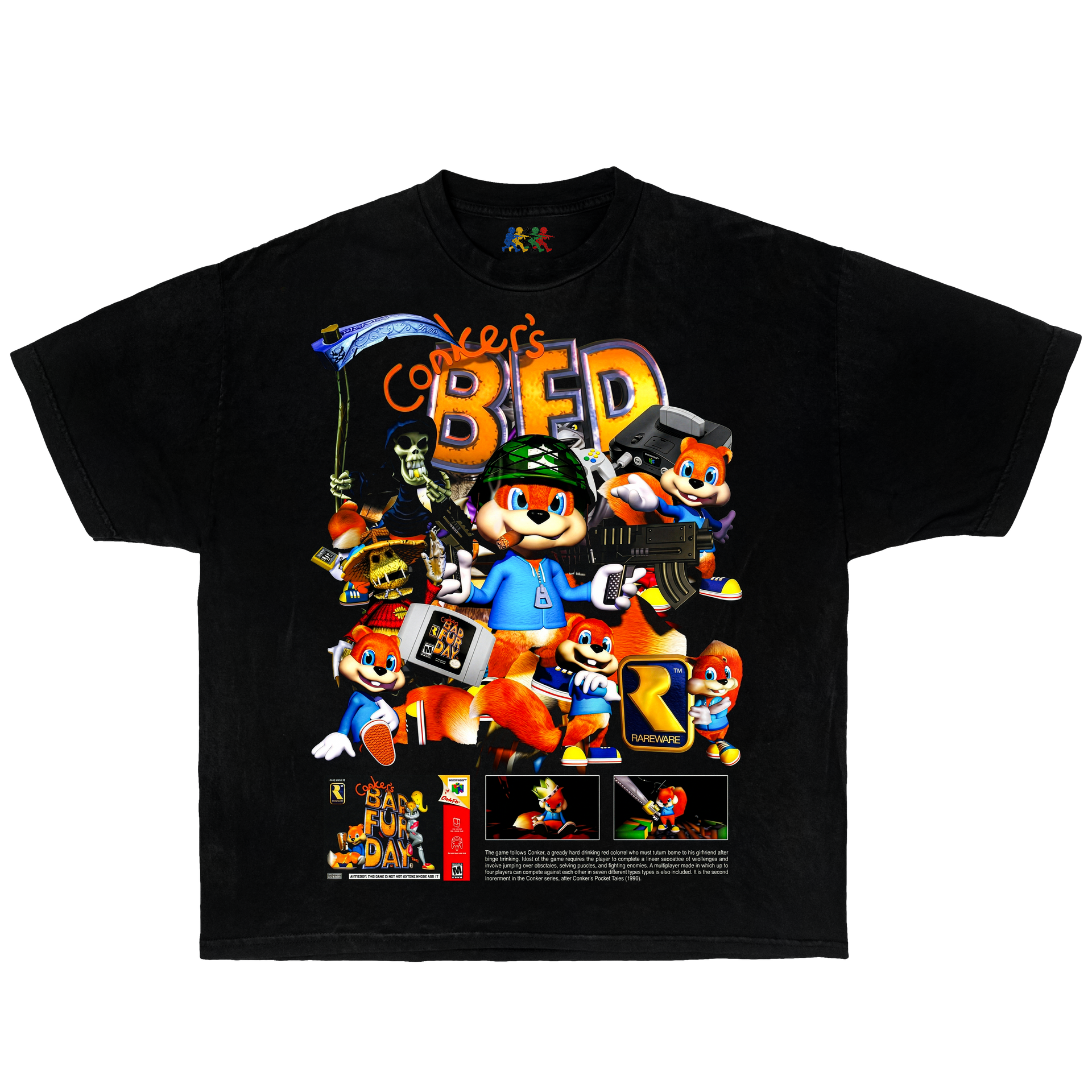 Black Conker’s Bad Fur Day graphic T-shirt featuring multiple Conker characters, Rareware logos, N64 game art, and retro gaming collage design in Y2K style