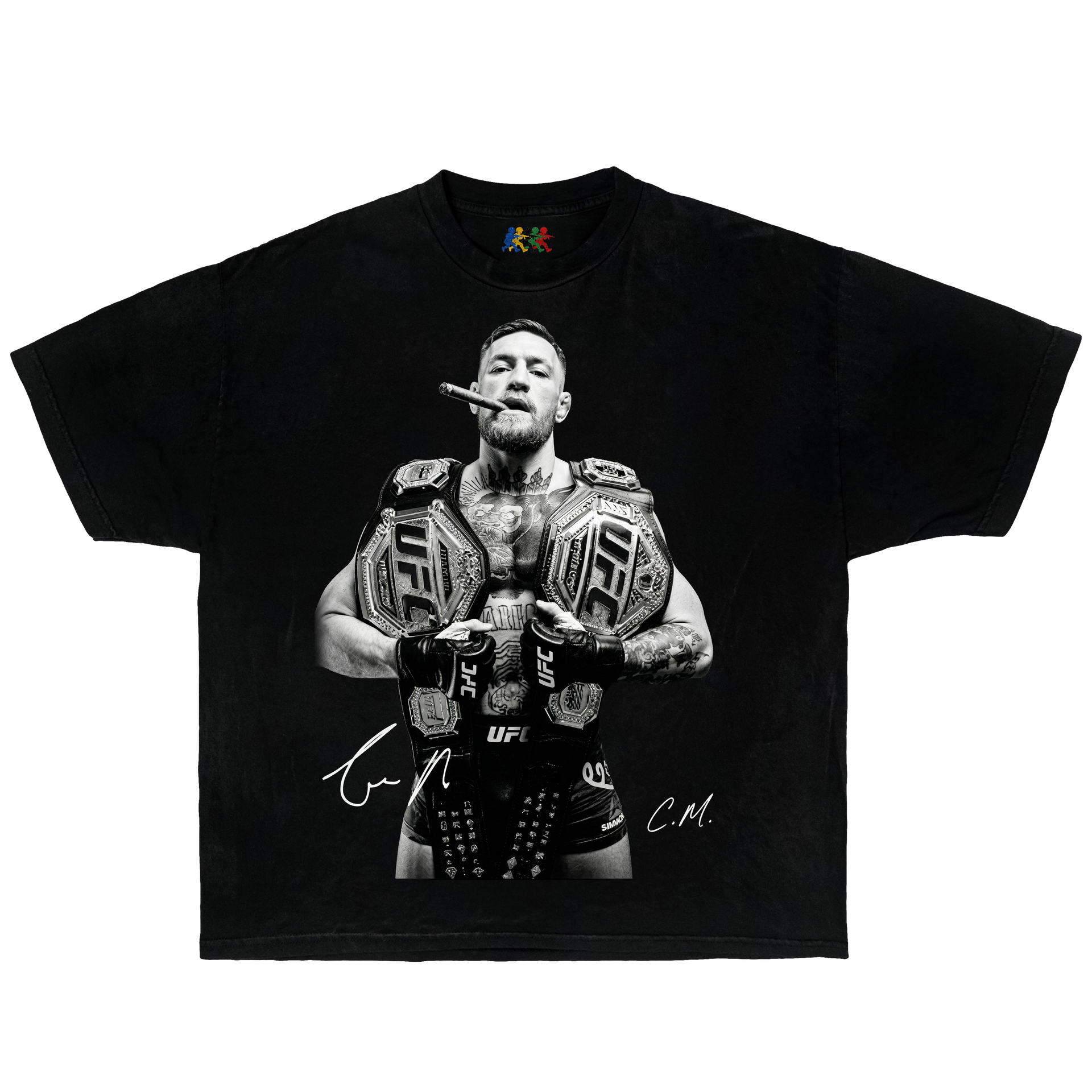 Black Conor McGregor graphic T-shirt featuring a black and white double champion UFC portrait with title belts and signature-style text in vintage Y2K streetwear style