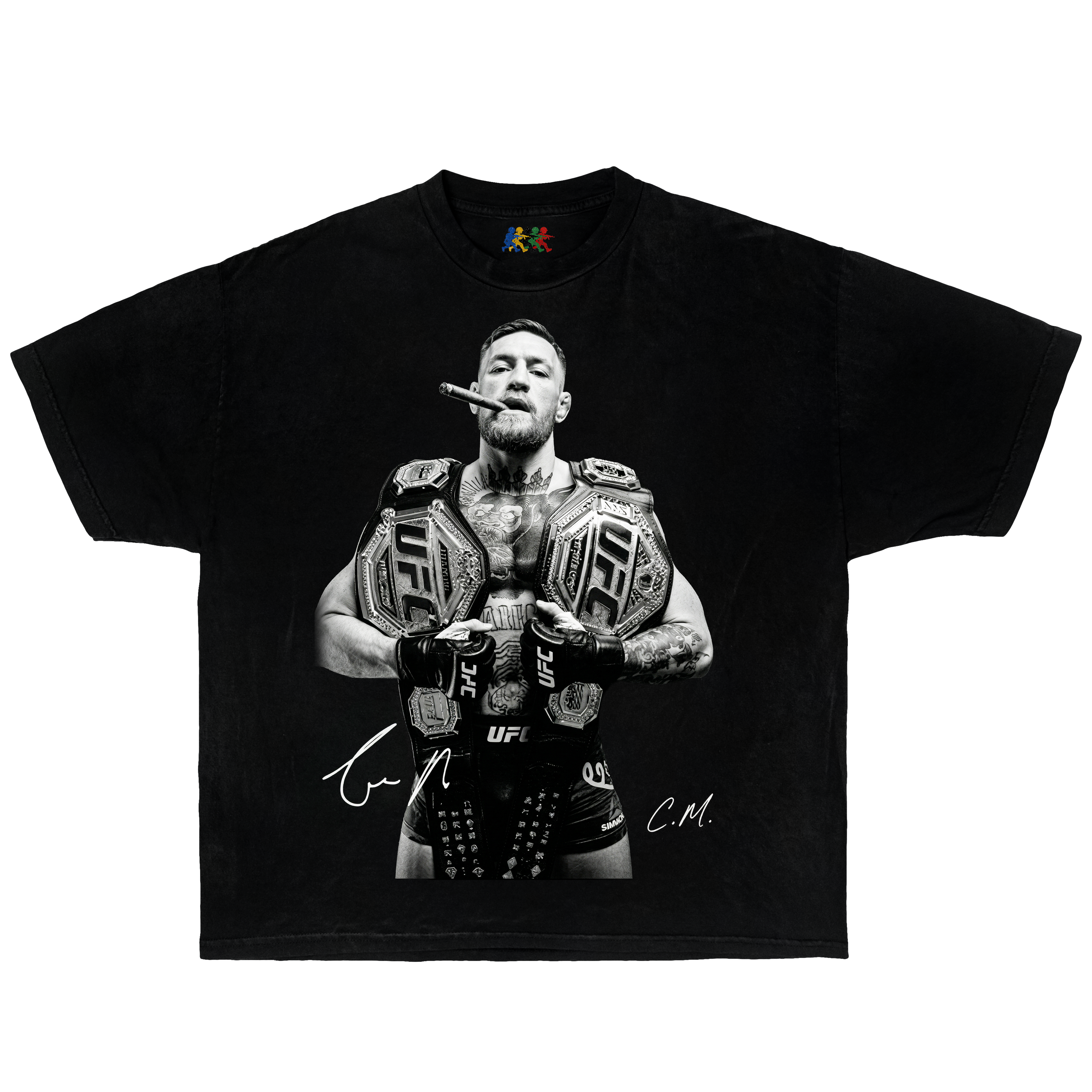 Black Conor McGregor graphic T-shirt featuring a black and white double champion UFC portrait with title belts and signature-style text in vintage Y2K streetwear style