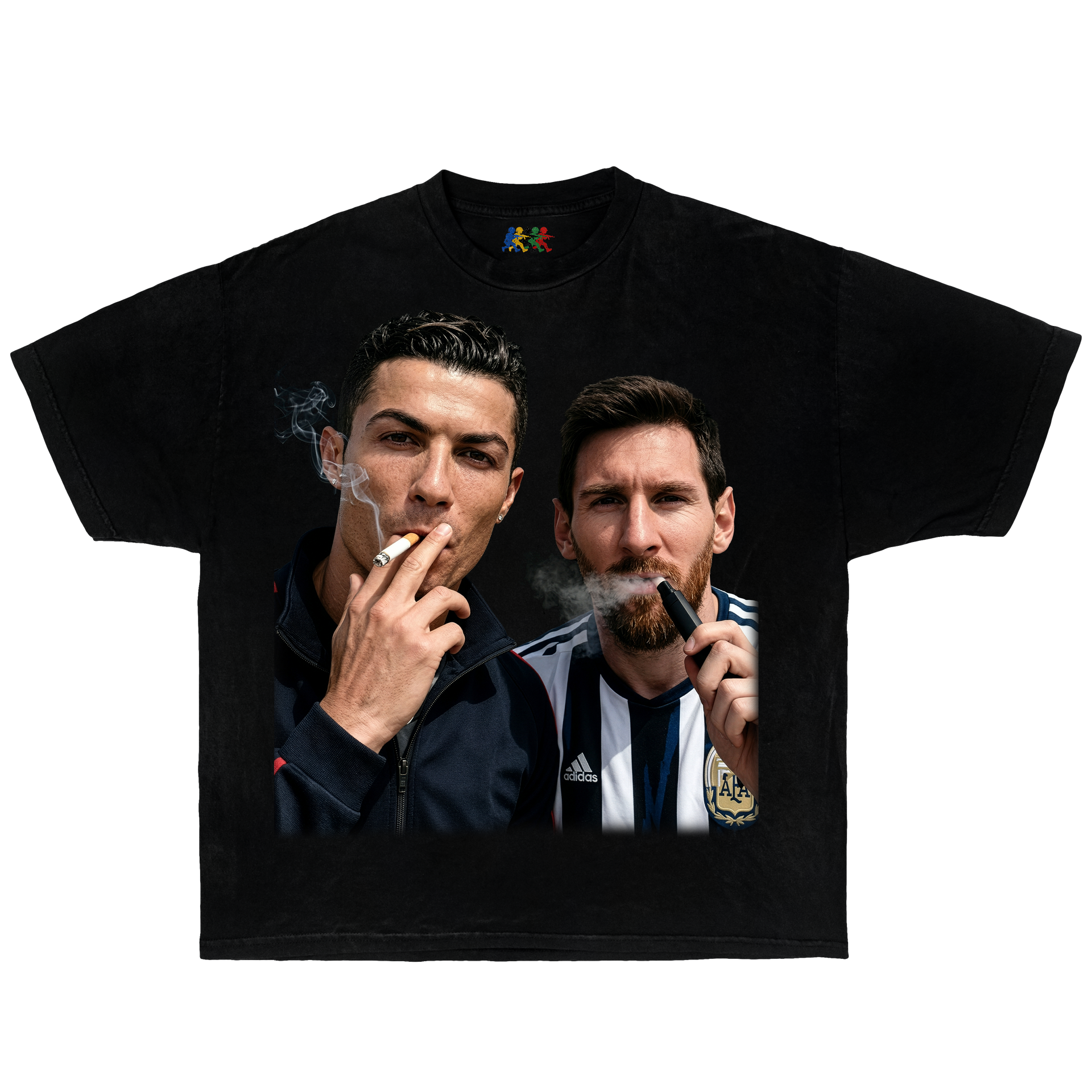 Black Cristiano Ronaldo and Lionel Messi graphic T-shirt featuring a vintage-style dual portrait design in football streetwear Y2K style