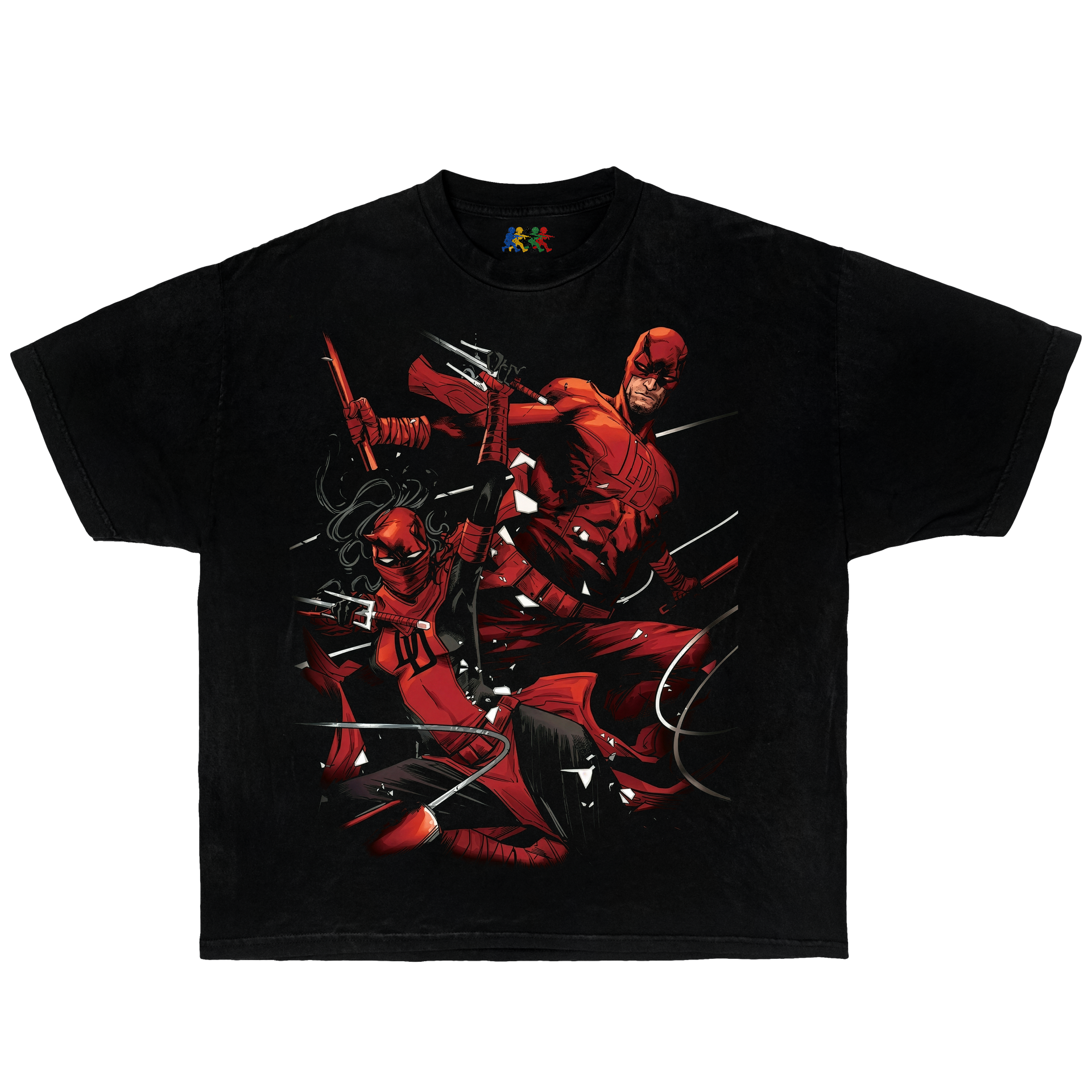 Black Daredevil graphic T-shirt featuring a red comic action scene with ninja fight artwork in vintage superhero streetwear Y2K style