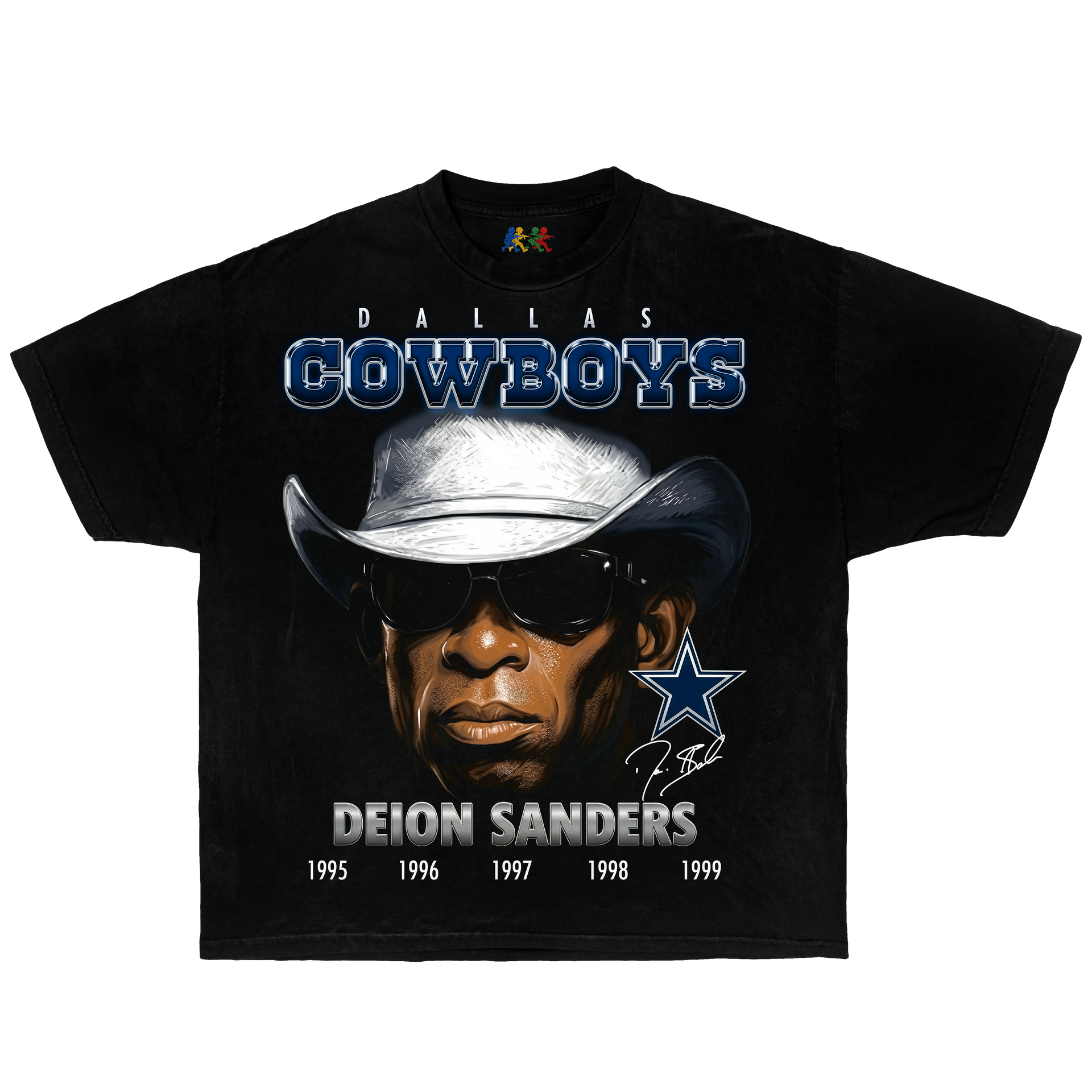 Black Deion Sanders graphic T-shirt featuring a Dallas Cowboys portrait with cowboy hat, team logo, and Prime Time vintage football design