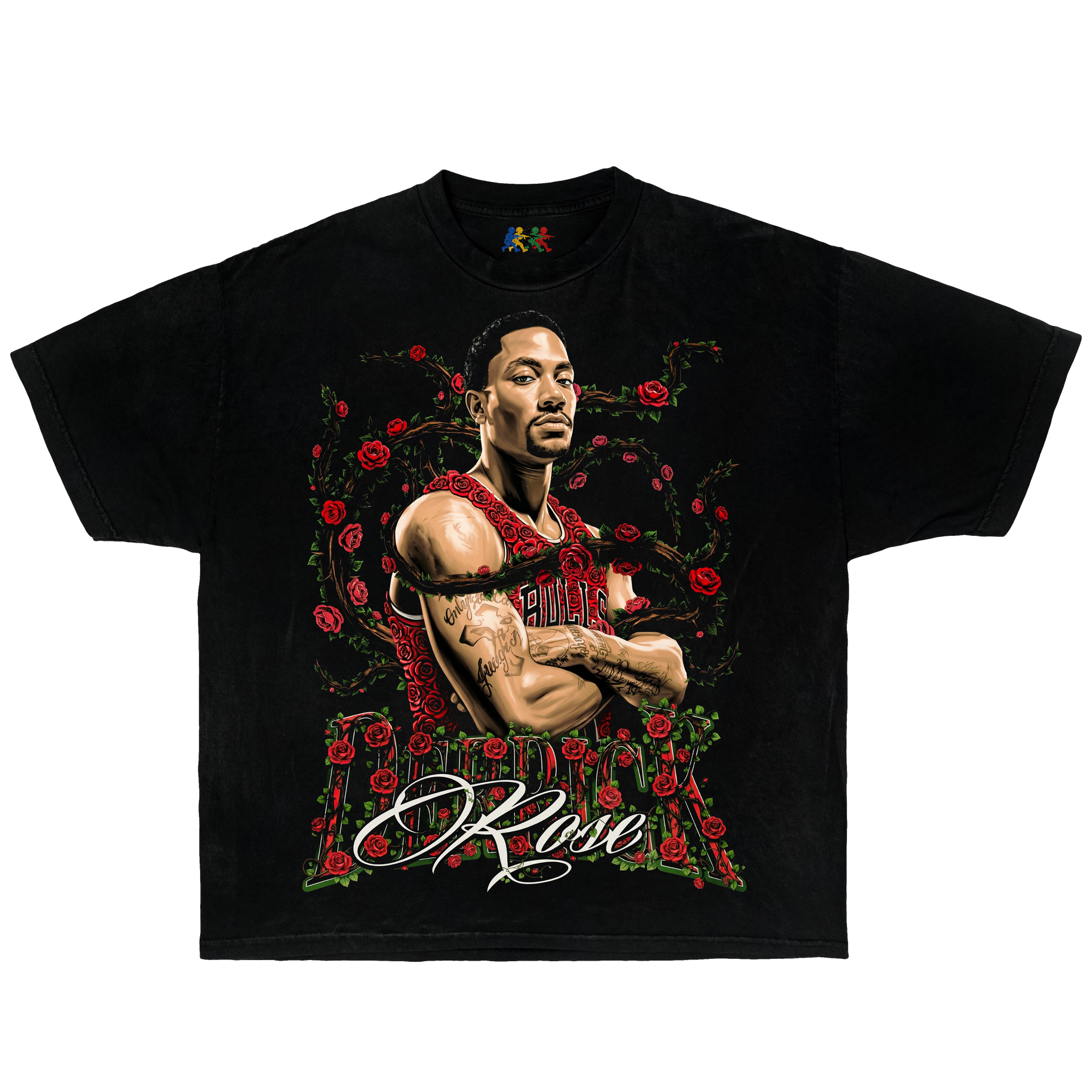 Black Derrick Rose graphic T-shirt featuring a Chicago Bulls portrait surrounded by red roses in vintage basketball streetwear style
