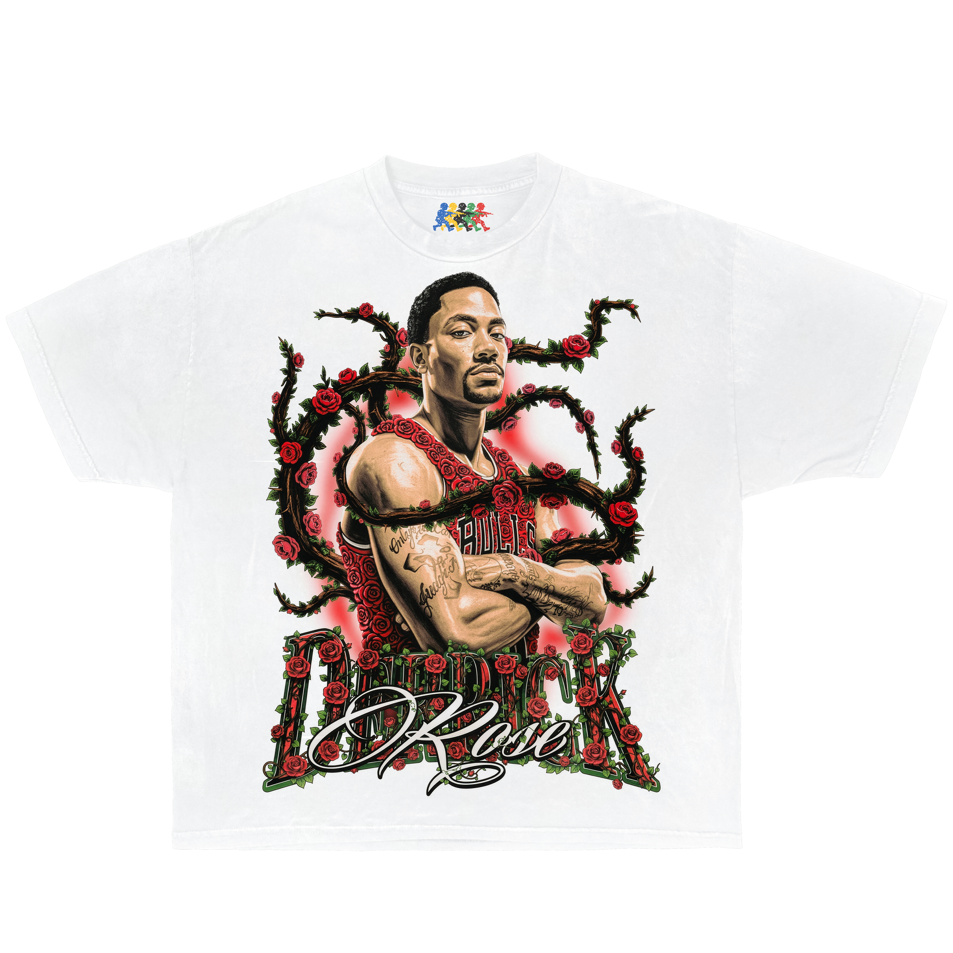 White Derrick Rose graphic T-shirt featuring a Chicago Bulls portrait surrounded by red roses in vintage basketball streetwear style