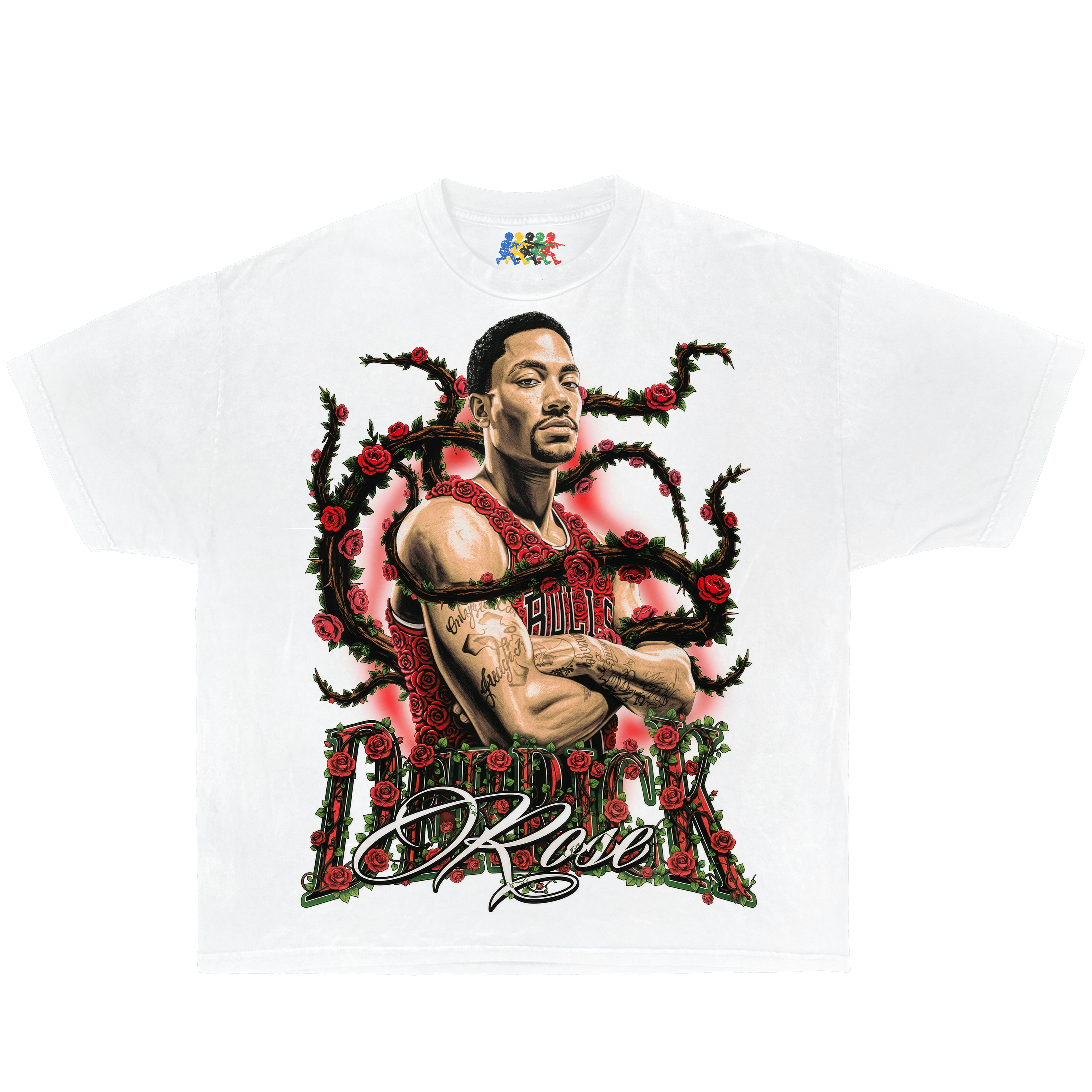 White Derrick Rose graphic T-shirt featuring a Chicago Bulls portrait surrounded by red roses in vintage basketball streetwear style