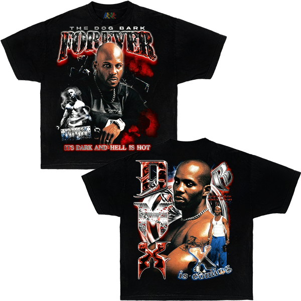 Black DMX graphic T-shirt featuring double sided vintage rap artwork with album-inspired design and hip hop streetwear style
