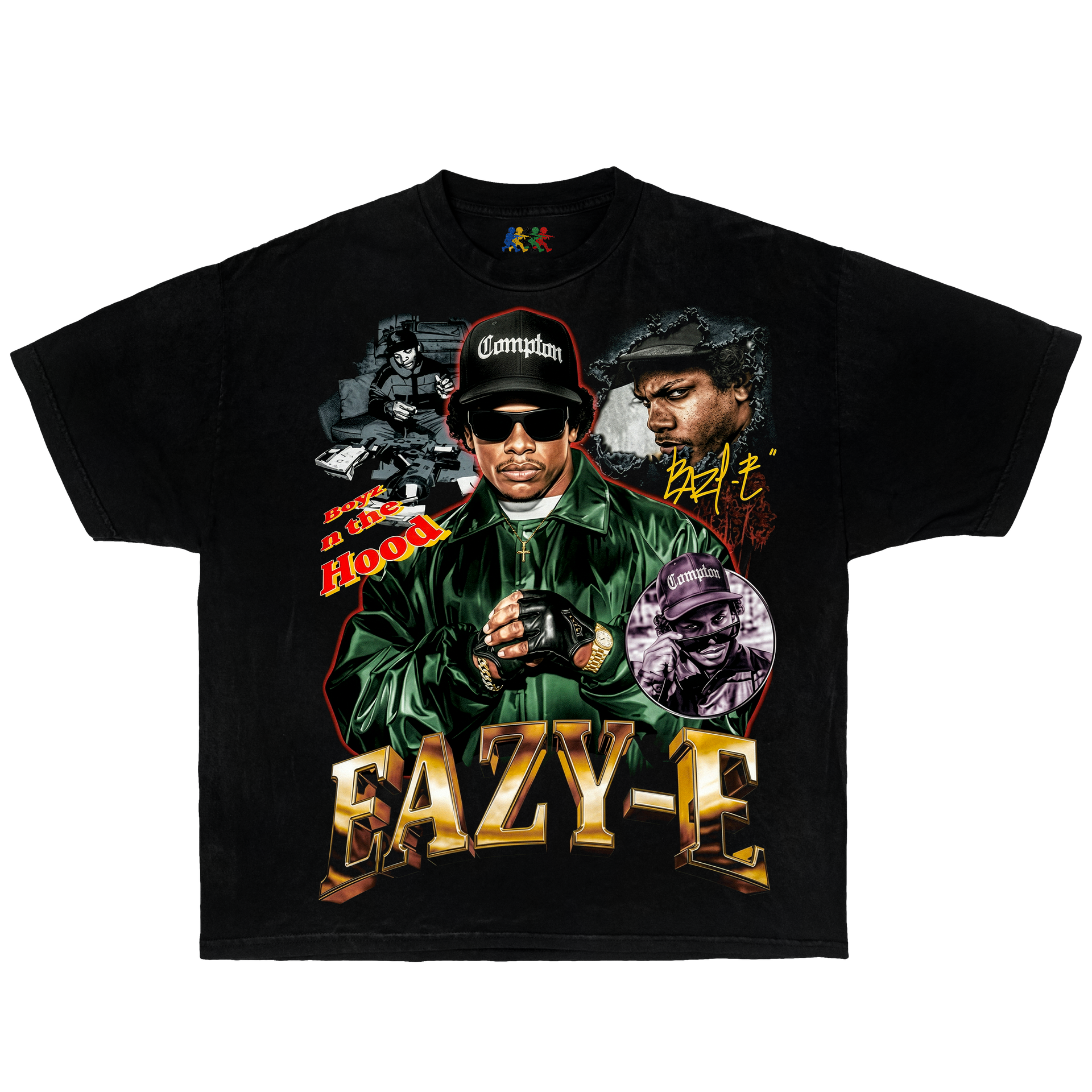 Black Eazy-E graphic T-shirt featuring a vintage rap collage design with Compton artwork and hip hop streetwear style