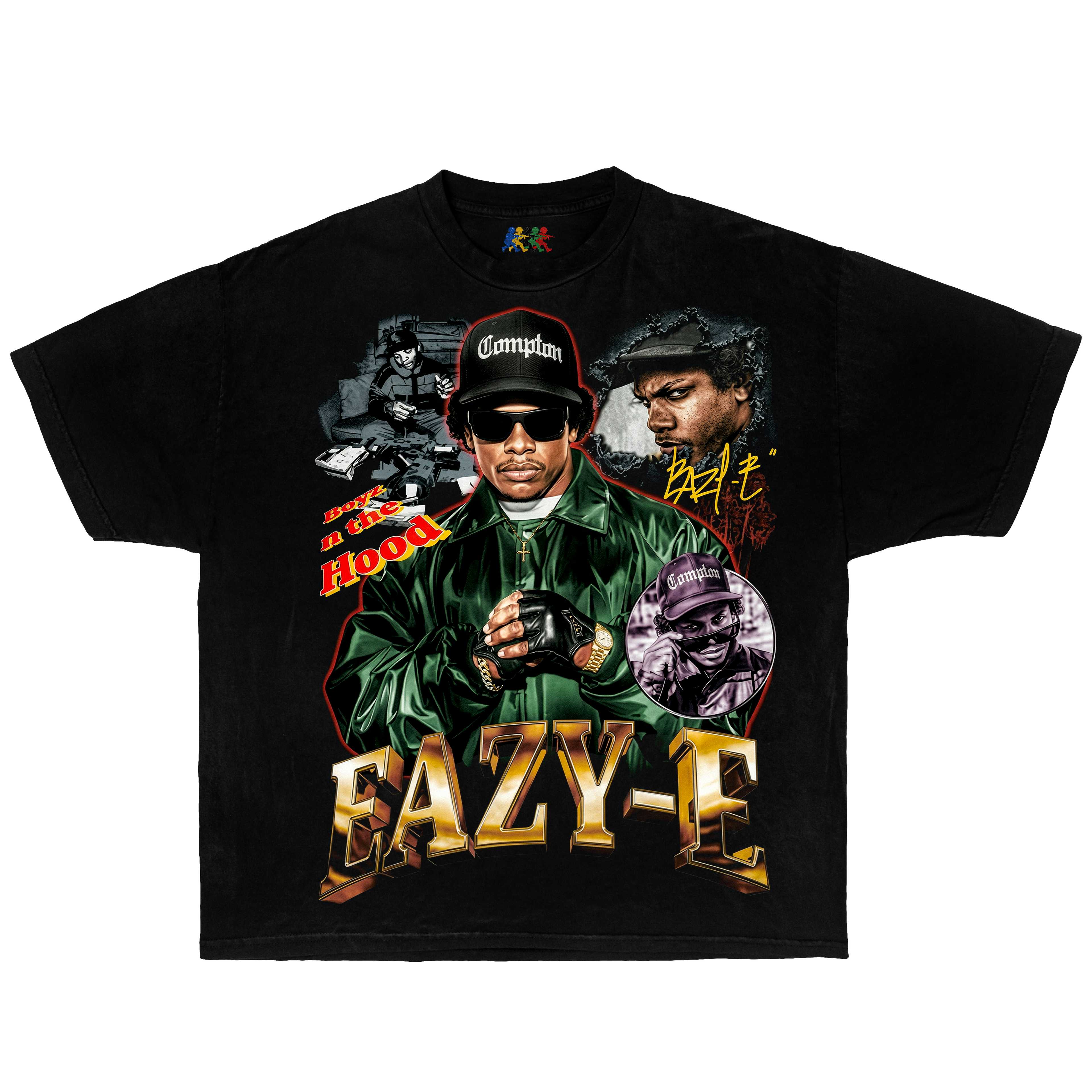 Black Eazy-E graphic T-shirt featuring a vintage rap collage design with Compton artwork and hip hop streetwear style