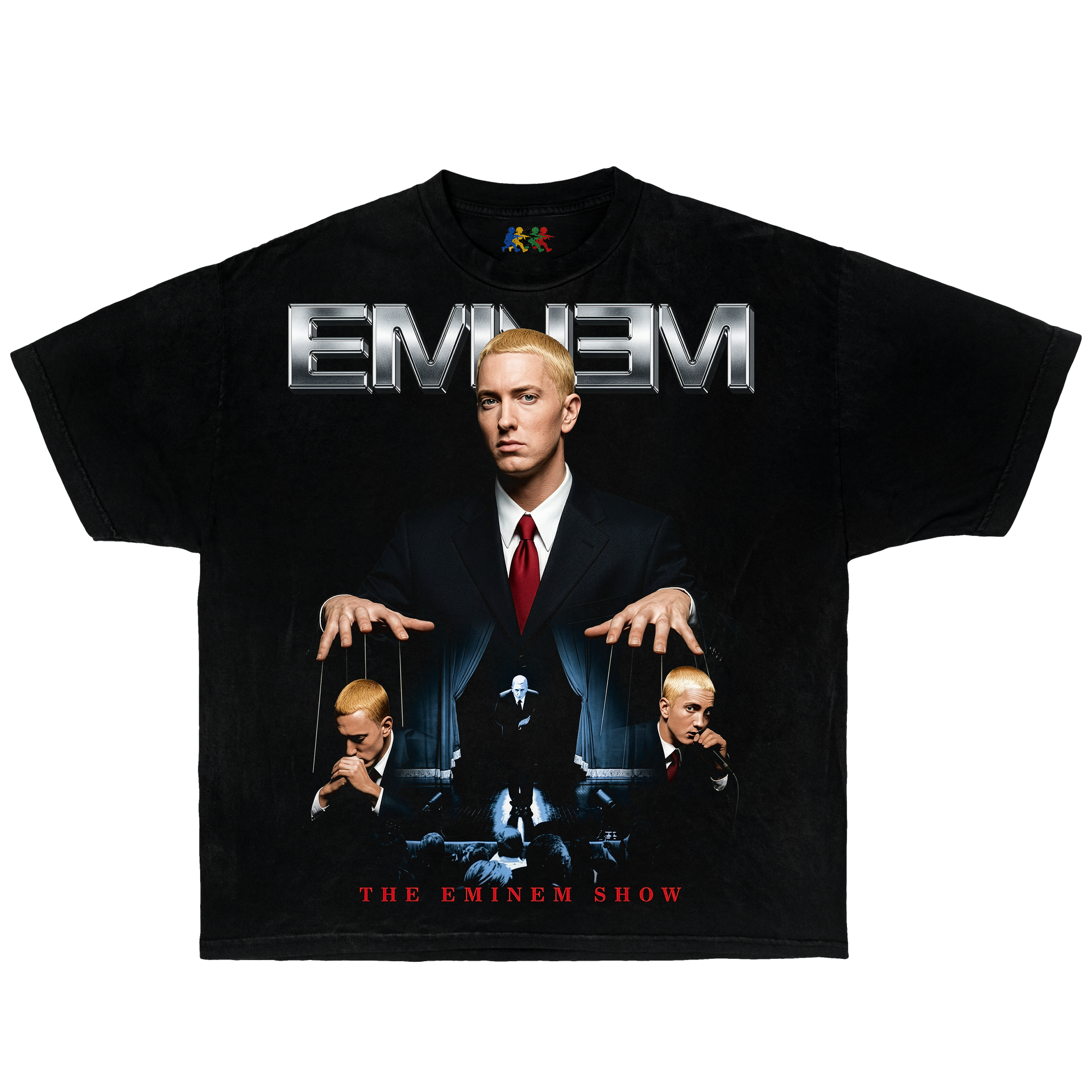 Black Eminem graphic T-shirt featuring The Eminem Show puppet master design in vintage hip hop streetwear style