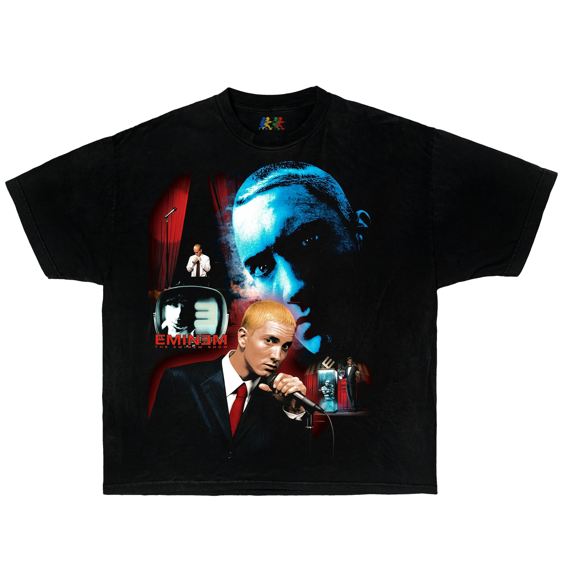 Black Eminem graphic T-shirt featuring The Eminem Show stage performance collage design in vintage hip hop streetwear style