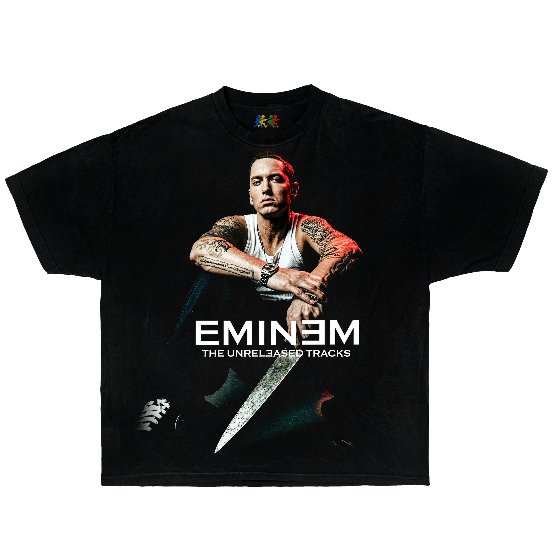 Black Eminem graphic T-shirt featuring an unreleased tracks portrait design in vintage hip hop streetwear style