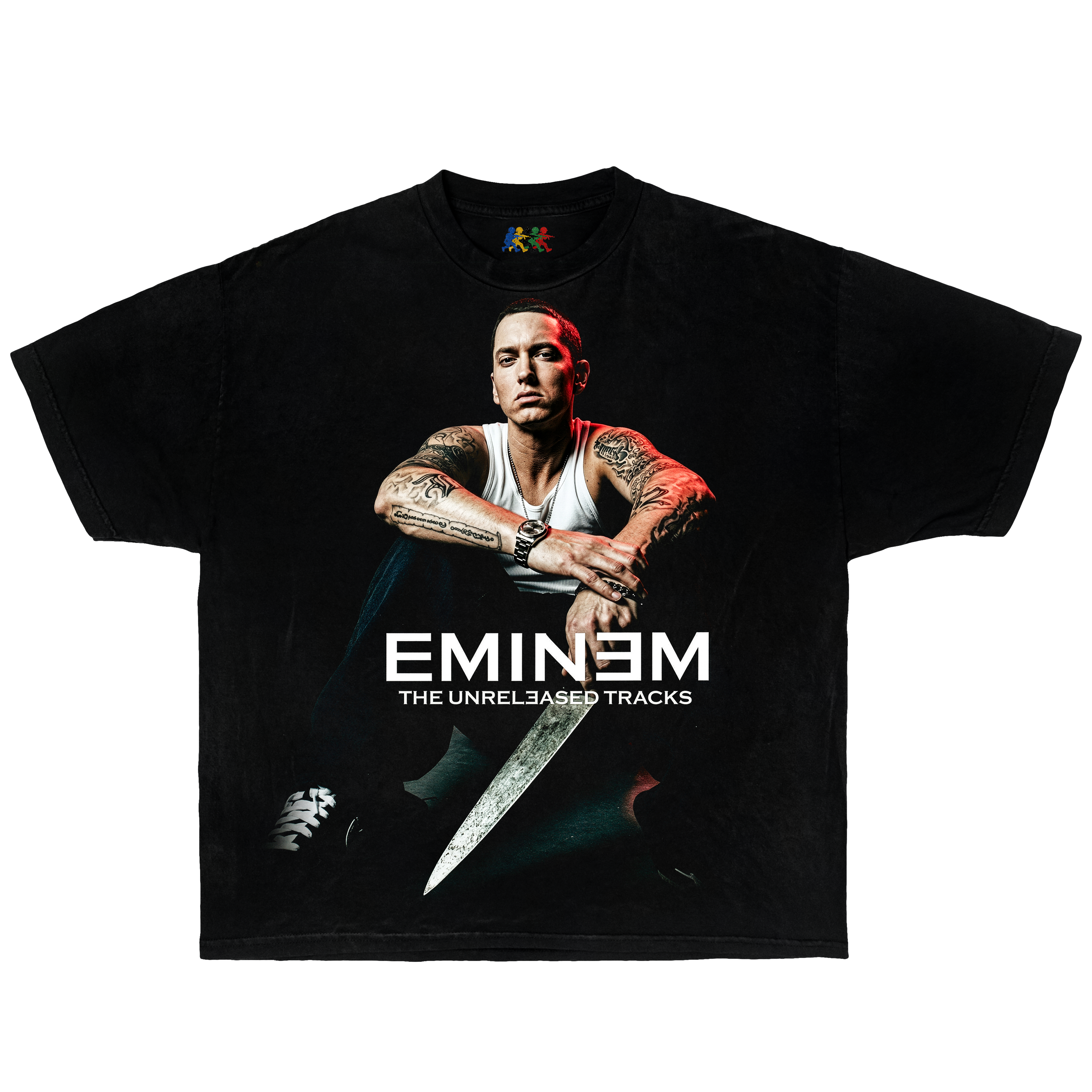 Black Eminem graphic T-shirt featuring an unreleased tracks portrait design in vintage hip hop streetwear style