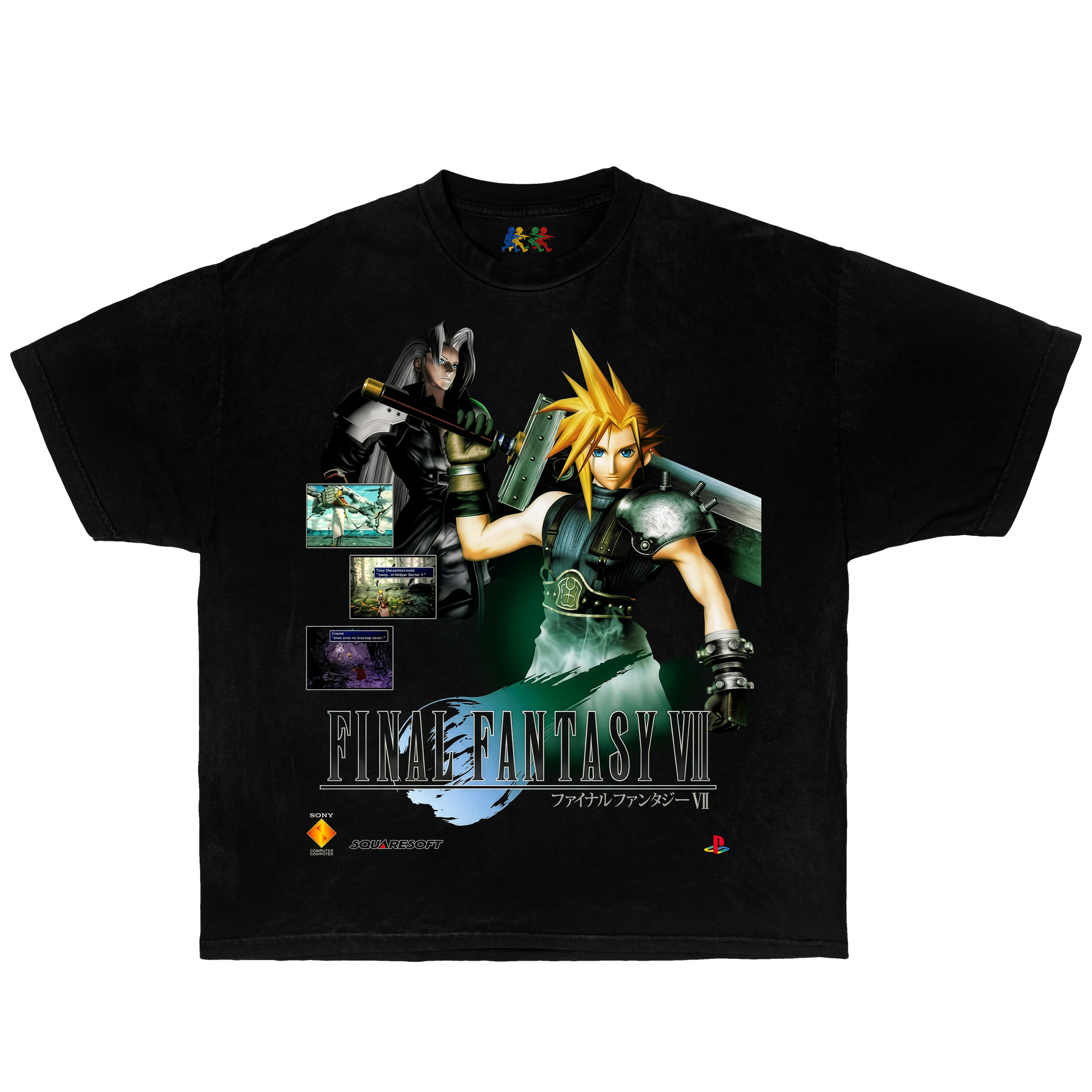 Black Final Fantasy VII graphic T-shirt featuring Cloud and Sephiroth with retro PlayStation gaming artwork in vintage Y2K style