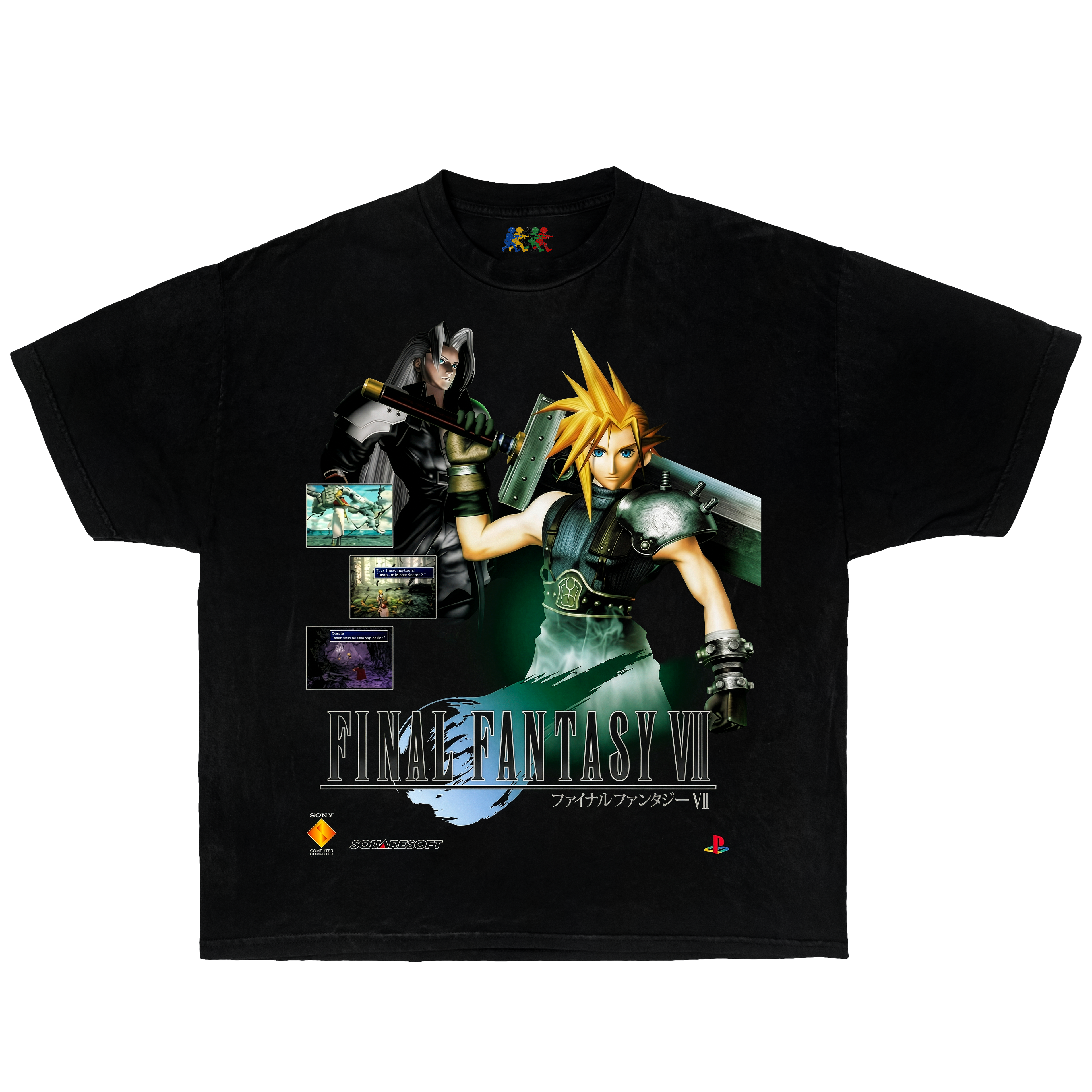 Black Final Fantasy VII graphic T-shirt featuring Cloud and Sephiroth with retro PlayStation gaming artwork in vintage Y2K style
