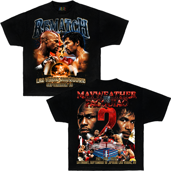 Black Mayweather vs Pacquiao graphic T-shirt featuring a double sided vintage boxing fight poster design with Las Vegas showdown artwork