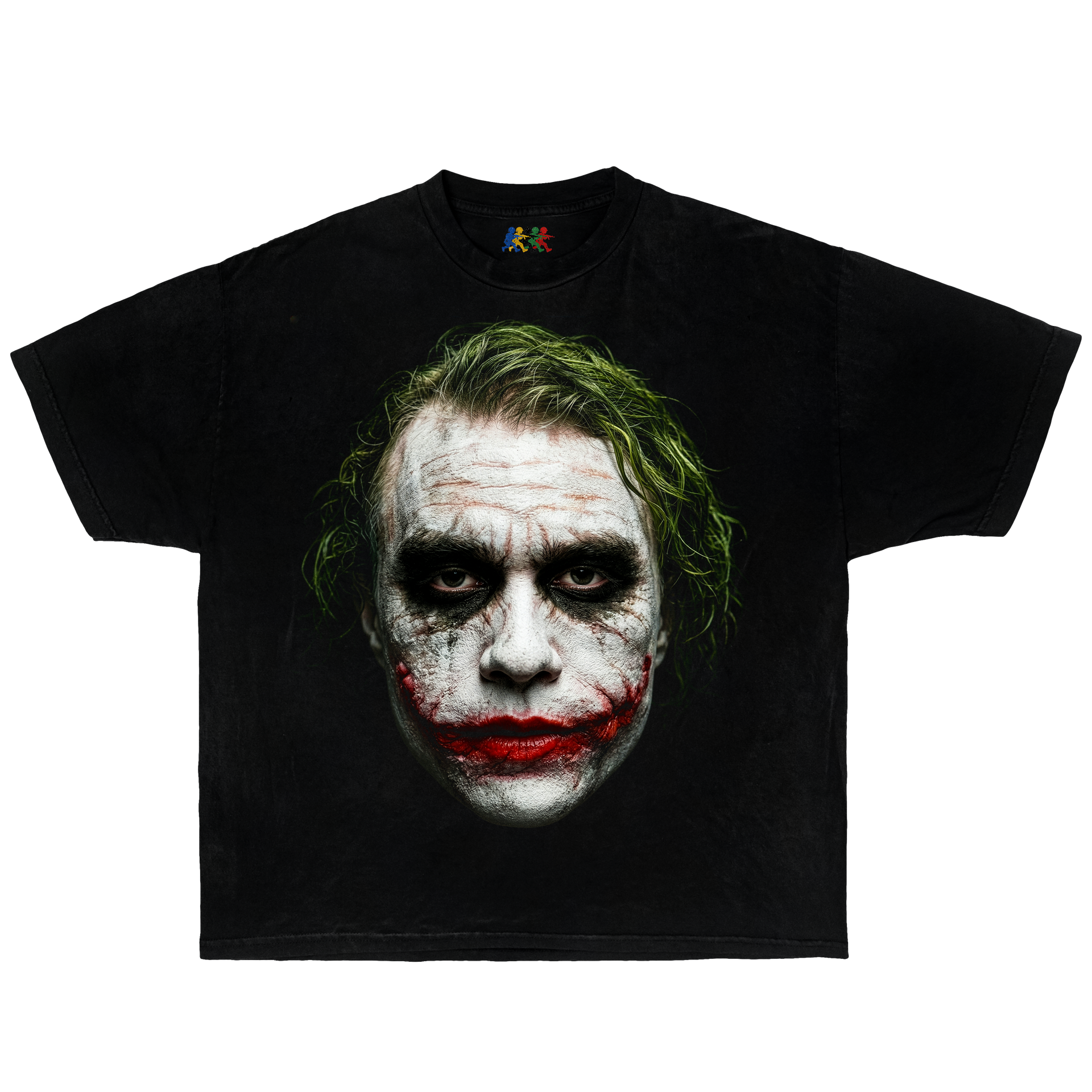 Black Heath Ledger Joker graphic T-shirt featuring a dark portrait design inspired by The Dark Knight in vintage movie streetwear style