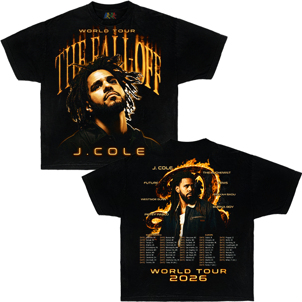 Black J. Cole graphic T-shirt featuring The Fall Off World Tour design with double sided concert artwork in vintage rap streetwear style