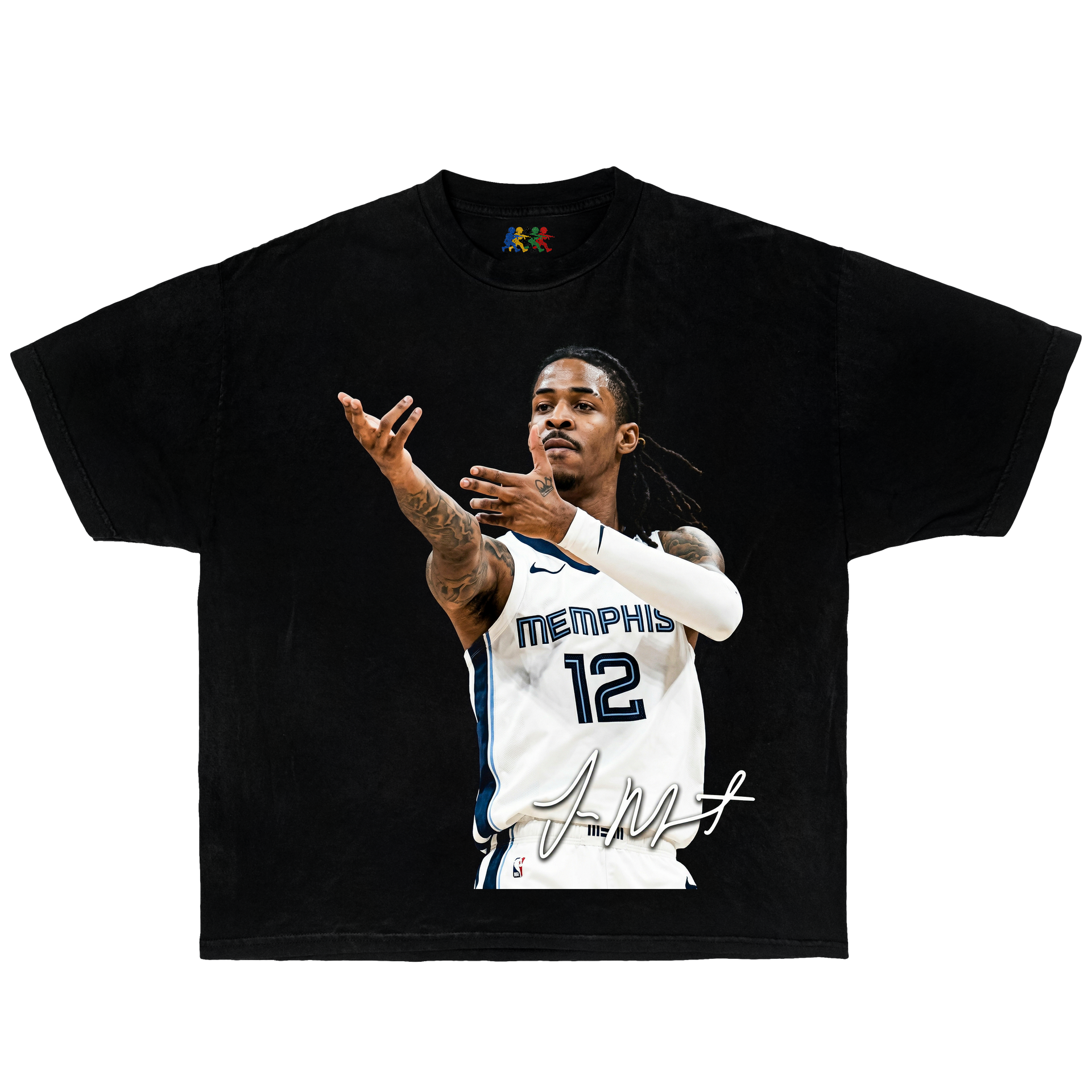 Black Ja Morant graphic T-shirt featuring a Memphis Grizzlies portrait with signature detail in vintage basketball streetwear style