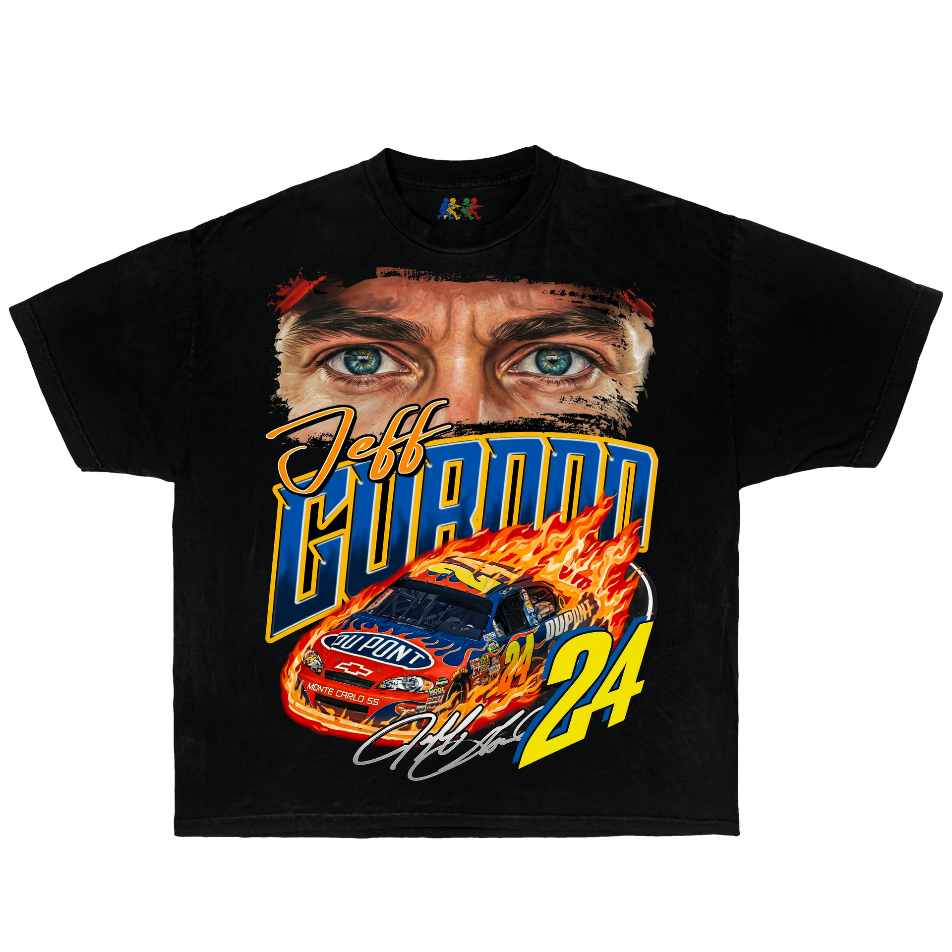 Black Jeff Gordon graphic T-shirt featuring number 24 DuPont race car artwork with vintage NASCAR racing design