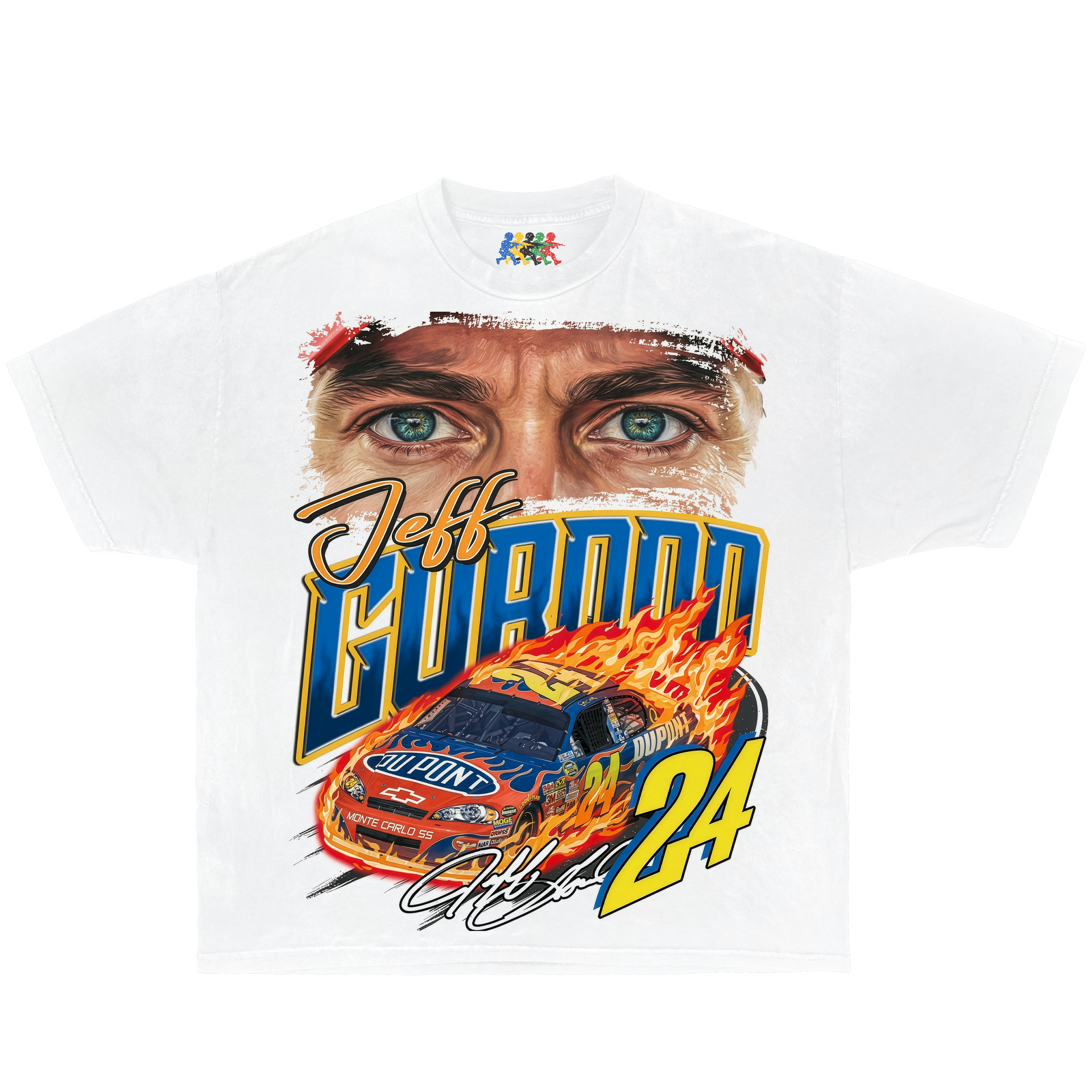 White Jeff Gordon graphic T-shirt featuring number 24 DuPont race car artwork with vintage NASCAR racing design