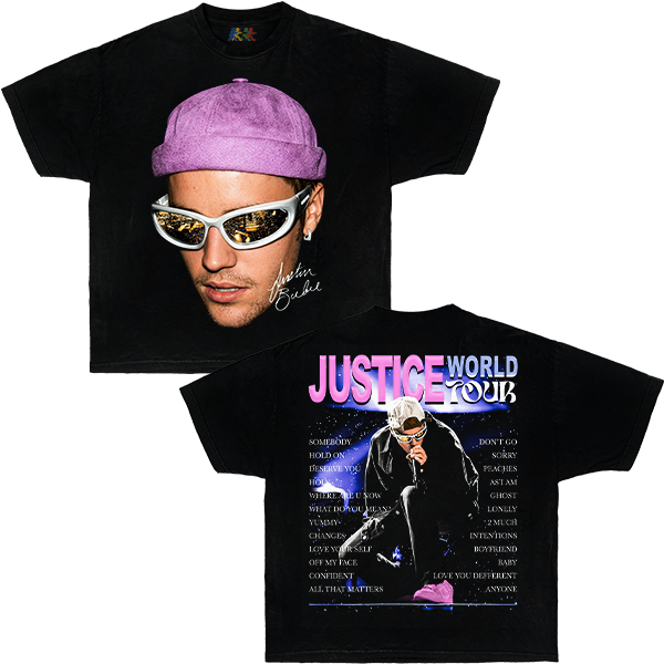 Black Justin Bieber graphic T-shirt featuring a purple beanie portrait on front and Justice World Tour artwork on back in Y2K pop streetwear style