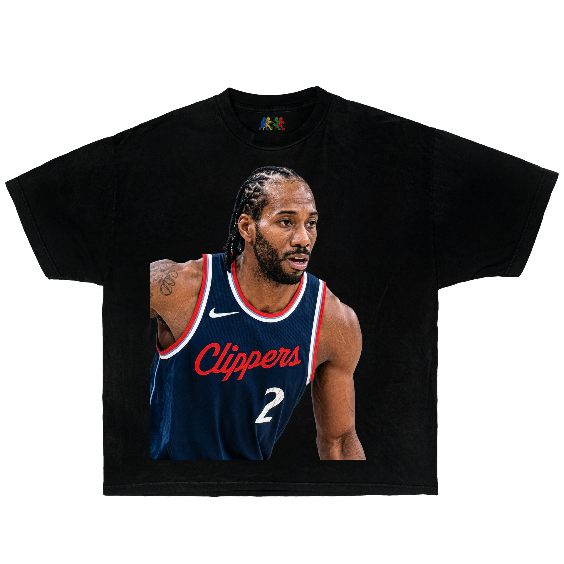 Black Kawhi Leonard graphic T-shirt featuring an LA Clippers portrait in vintage basketball streetwear style