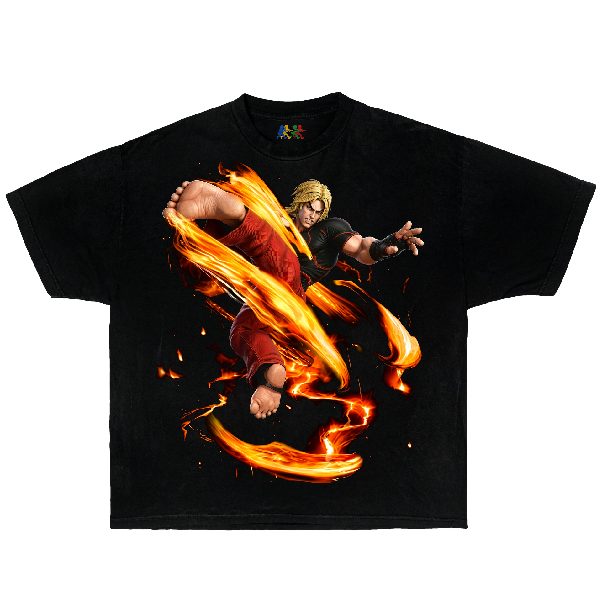 Black Ken Masters graphic T-shirt featuring a fiery Street Fighter action pose in vintage gaming Y2K style