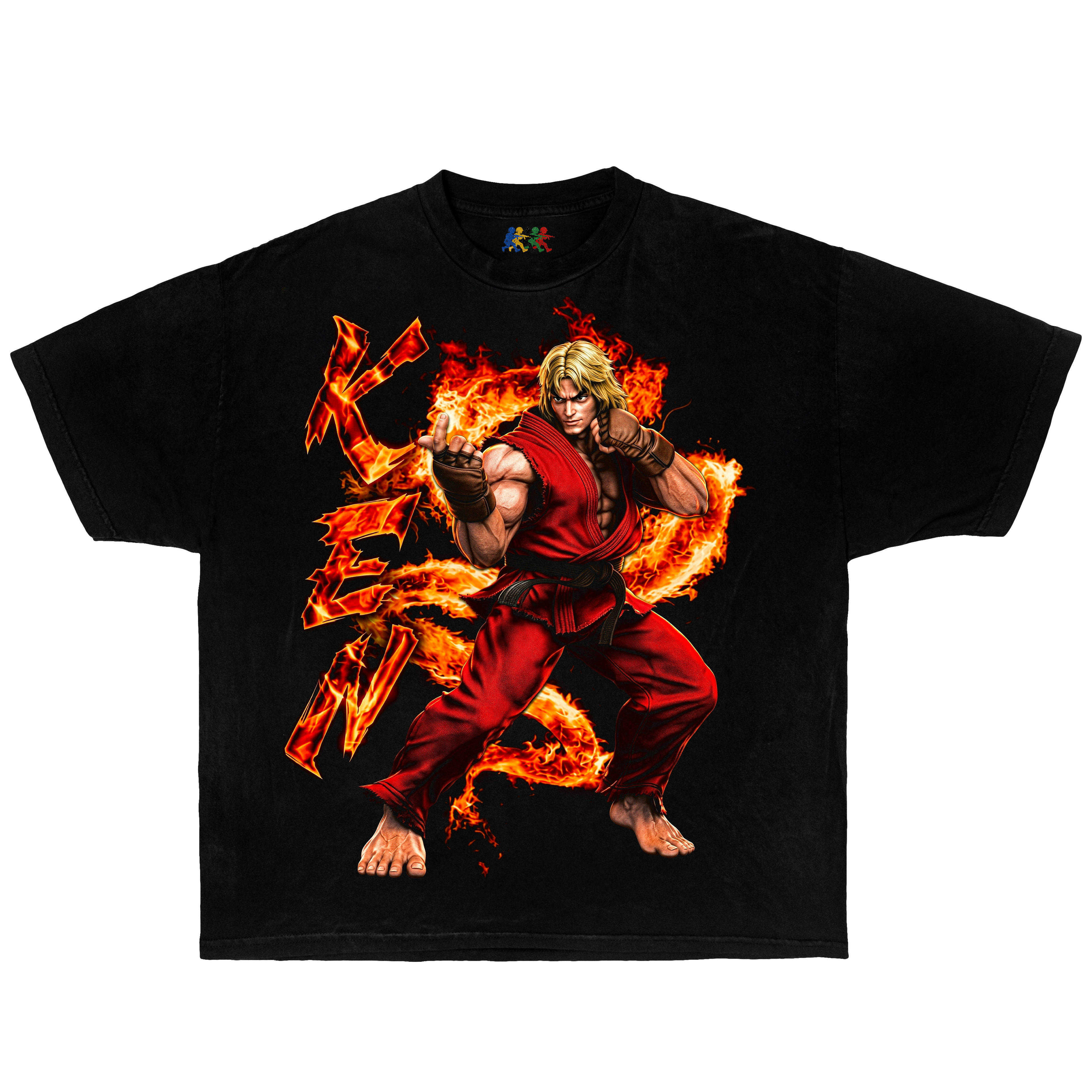Black Ken Street Fighter graphic T-shirt featuring a flaming kick action design in vintage gaming Y2K style