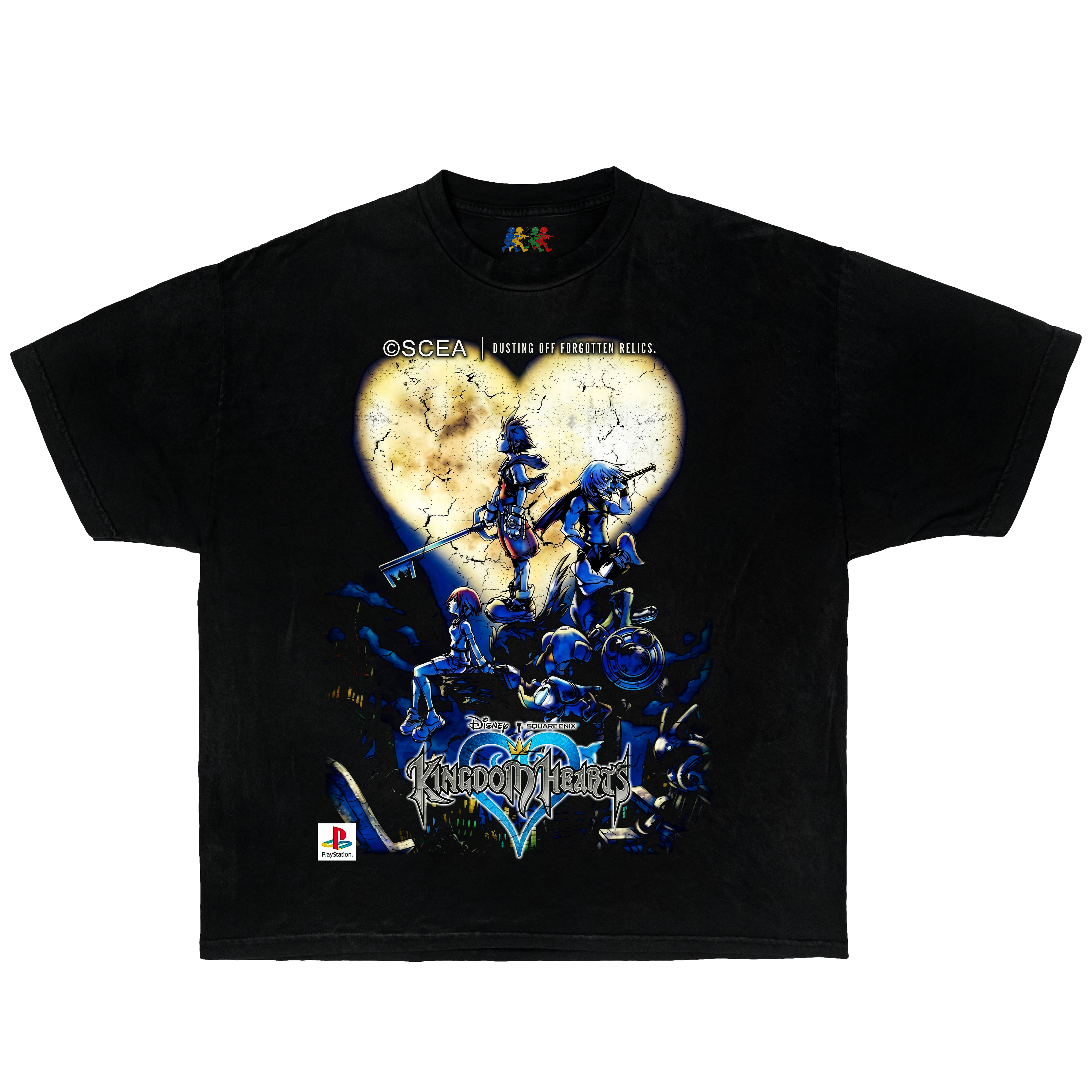 Black Kingdom Hearts graphic T-shirt featuring heart moon artwork and retro PlayStation gaming design in vintage Y2K style