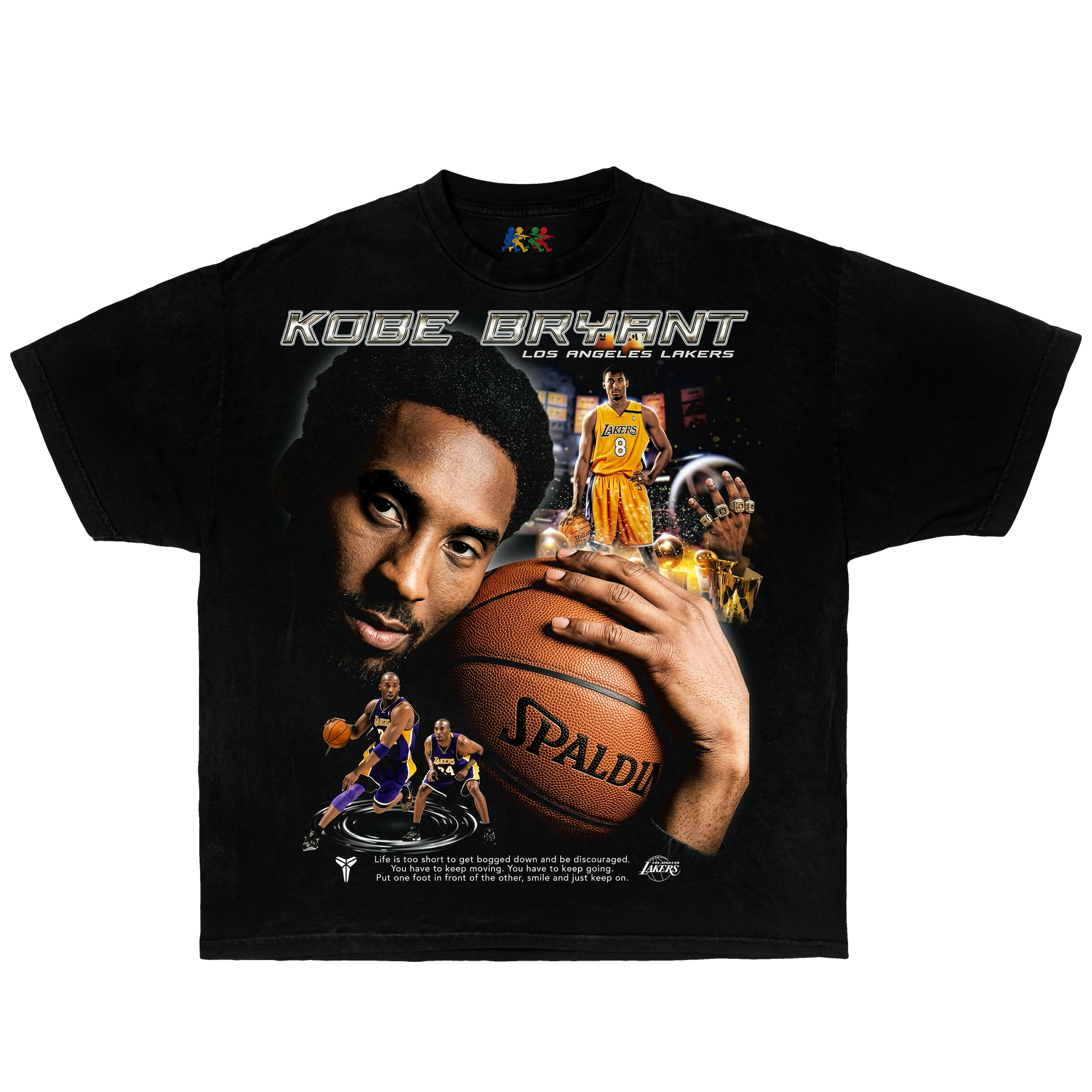 Black Kobe Bryant graphic T-shirt featuring a Mamba Legacy Lakers collage with basketball, number 8 era artwork, and vintage NBA streetwear style