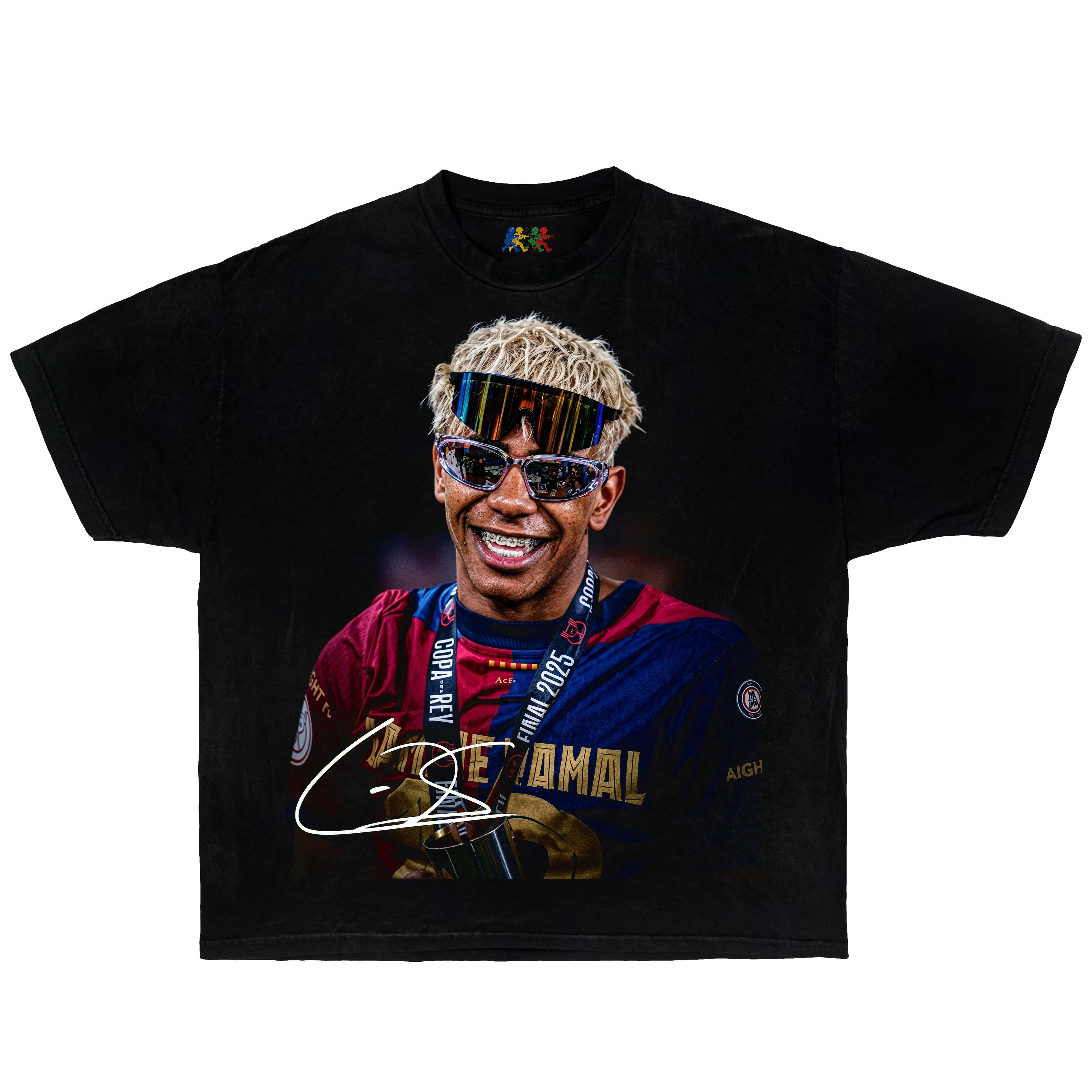 Black Lamine Yamal graphic T-shirt featuring a Barcelona portrait with trophy celebration and vintage football streetwear style