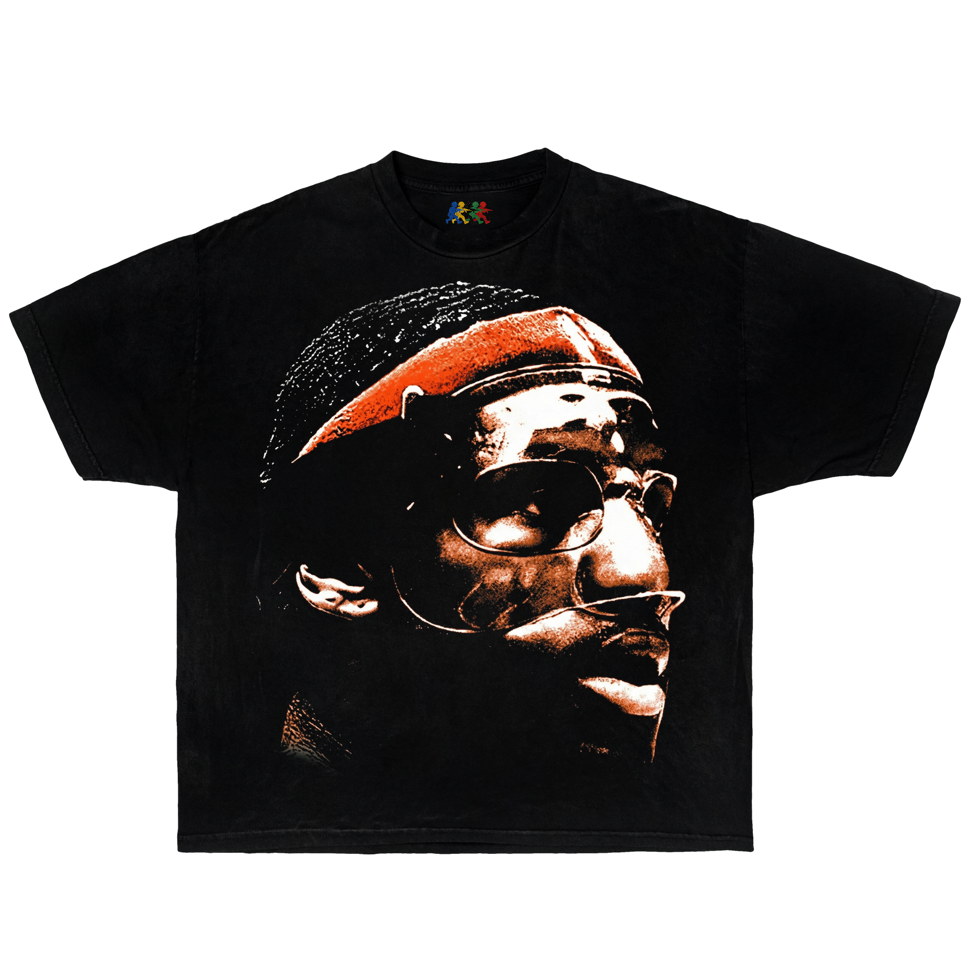 Black LeBron James graphic T-shirt featuring a vintage portrait with headband and sunglasses in basketball streetwear style