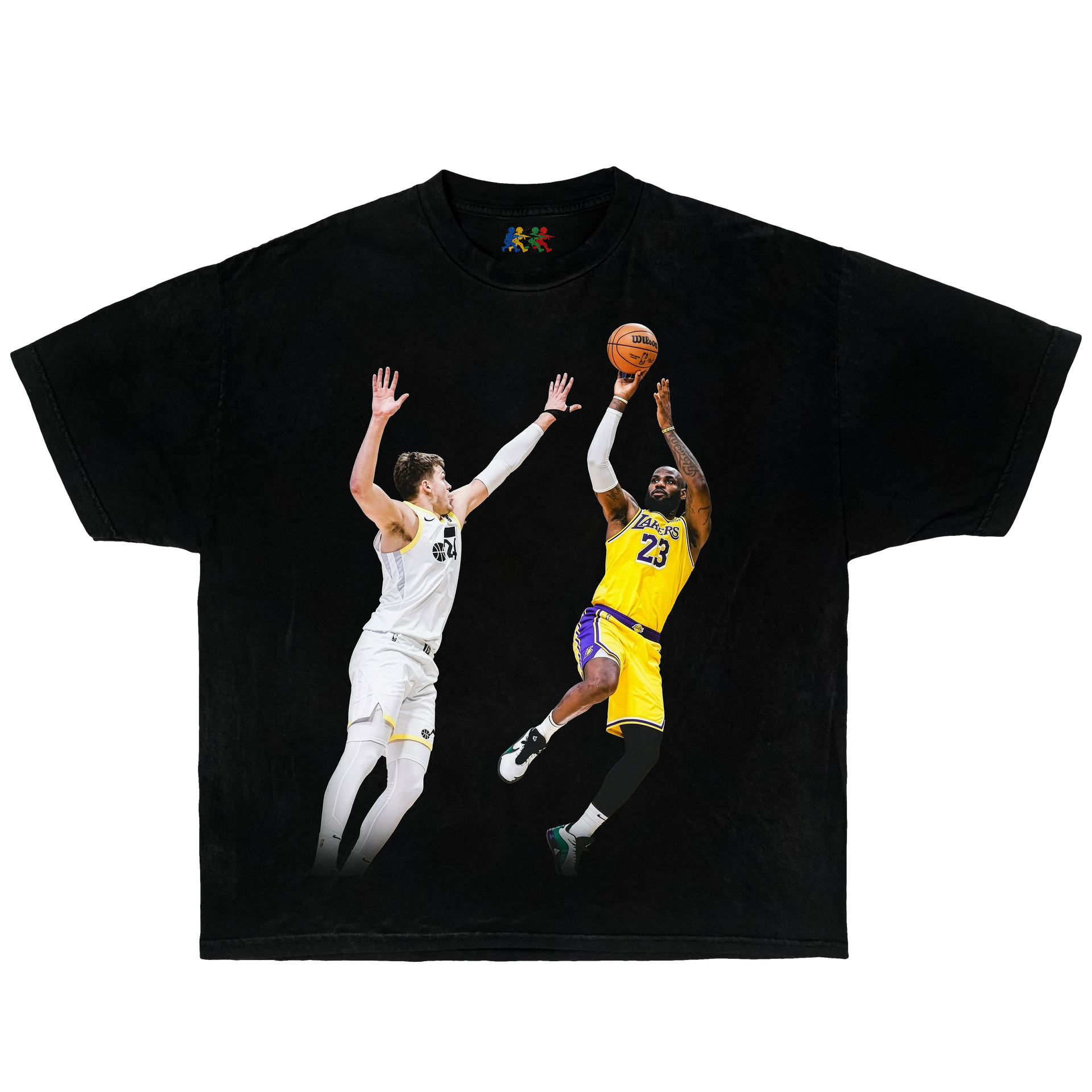 Black LeBron James graphic T-shirt featuring a Lakers game-winning jump shot design in vintage NBA basketball streetwear style