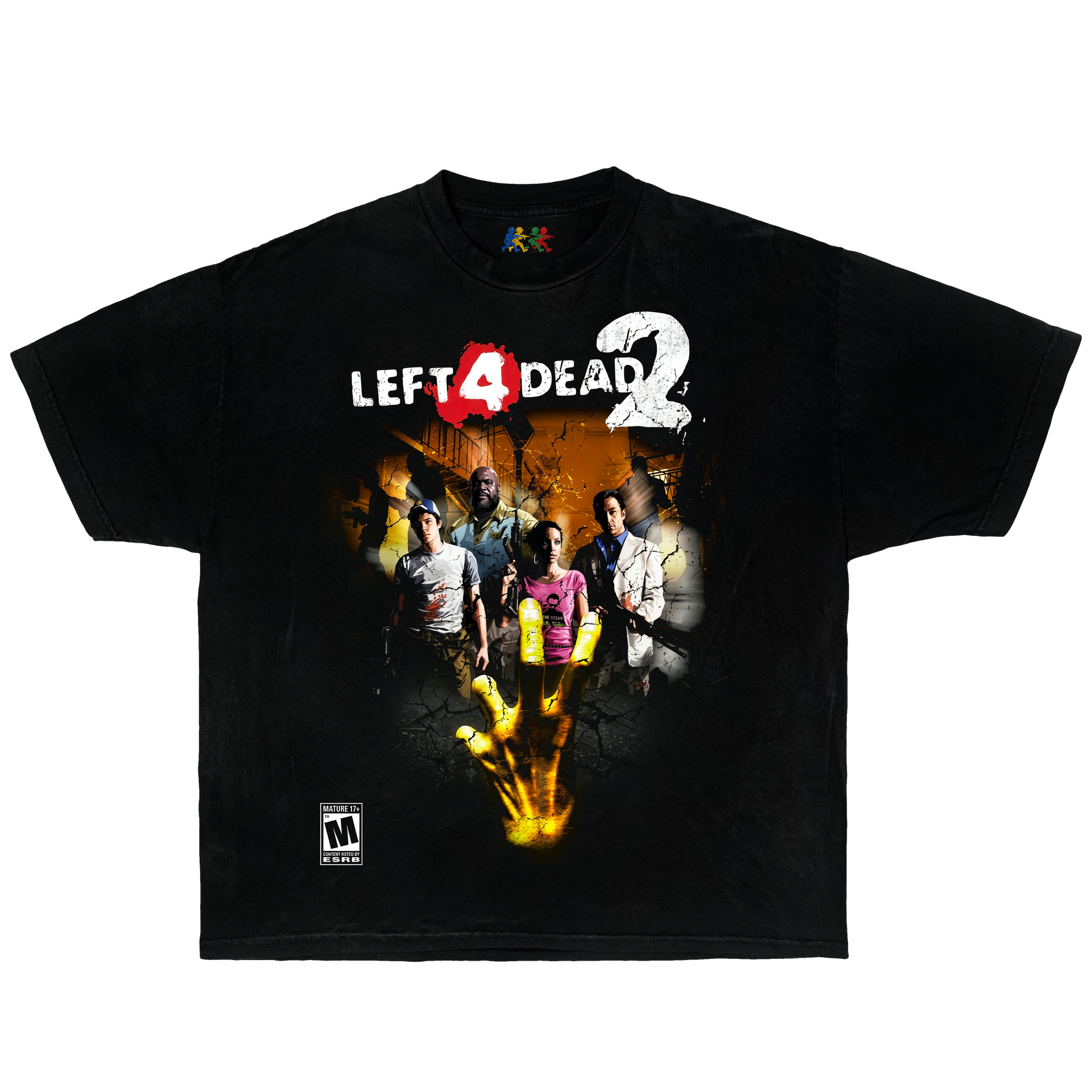 Black Left 4 Dead 2 graphic T-shirt featuring survivor characters and zombie apocalypse game artwork in vintage gaming Y2K style