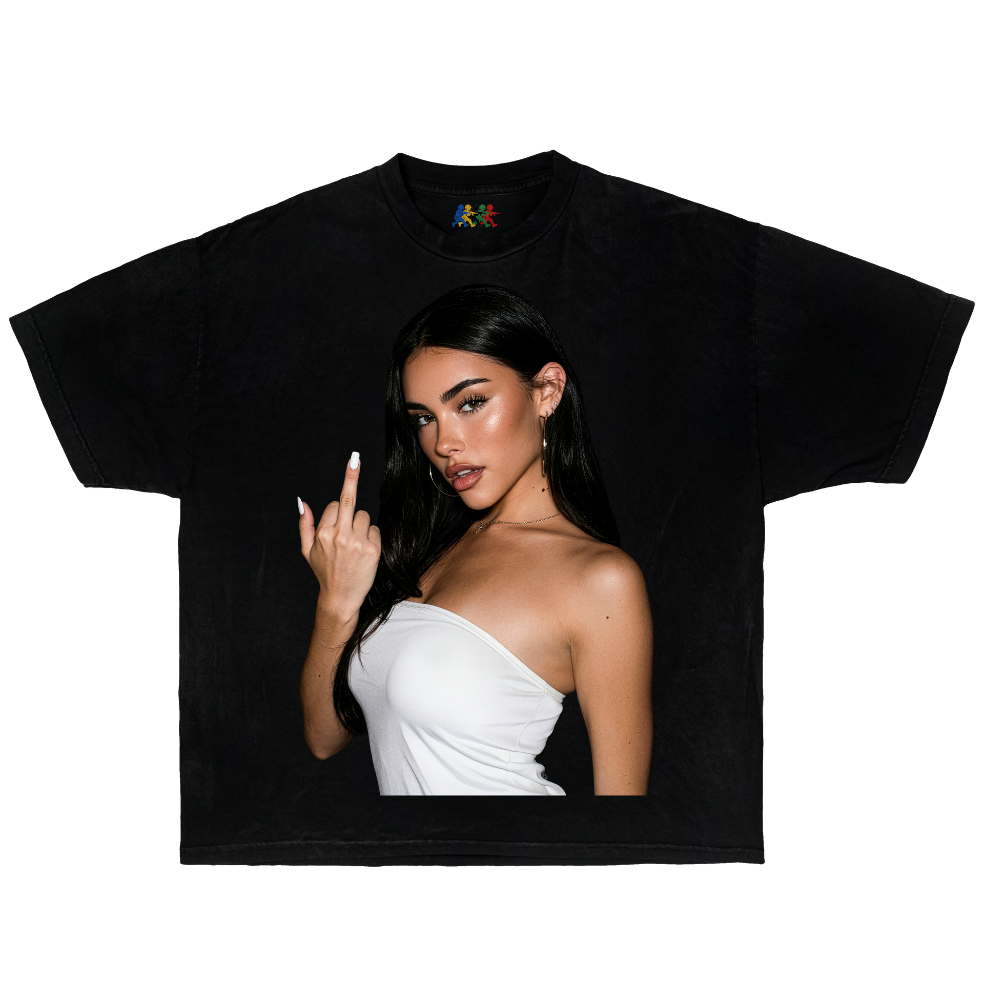 Black Madison Beer graphic T-shirt featuring an attitude portrait pose in vintage Y2K pop streetwear style