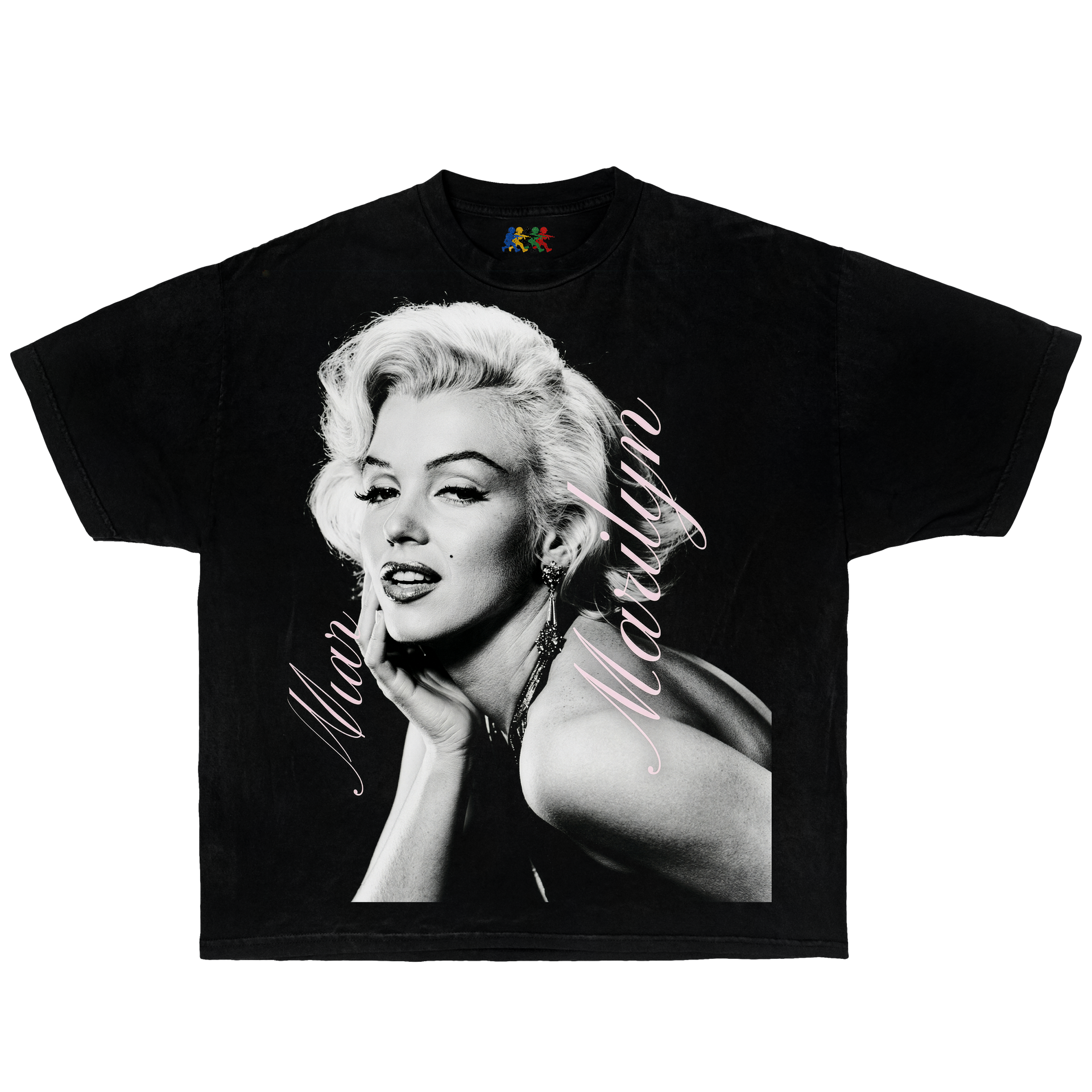 Black Marilyn Monroe graphic T-shirt featuring a black and white glamour portrait in vintage retro streetwear style