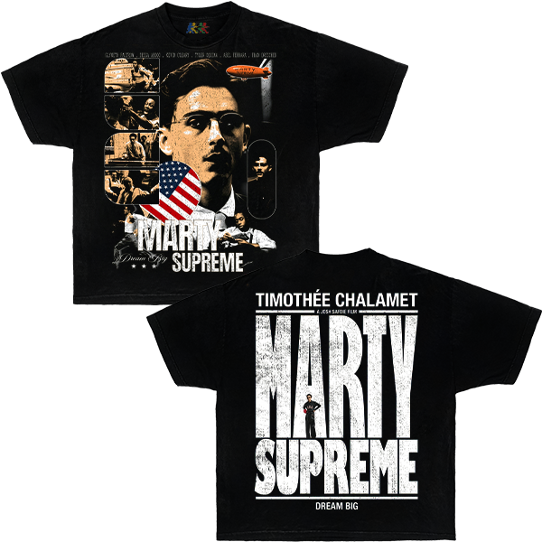 Black Marty Supreme graphic T-shirt featuring Timothée Chalamet movie artwork with double sided vintage film streetwear design