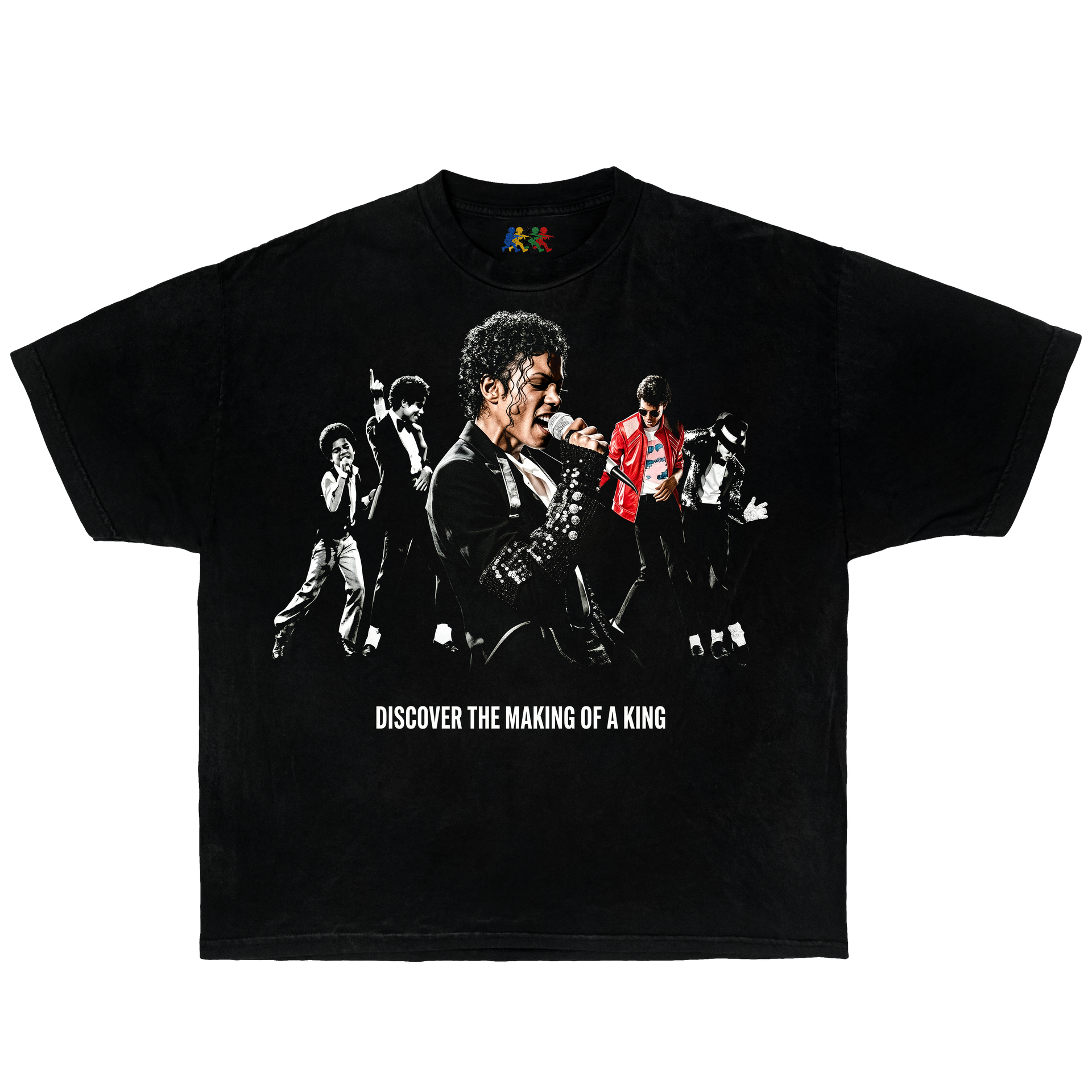Black Michael Jackson graphic T-shirt featuring performance collage artwork and vintage King of Pop streetwear style