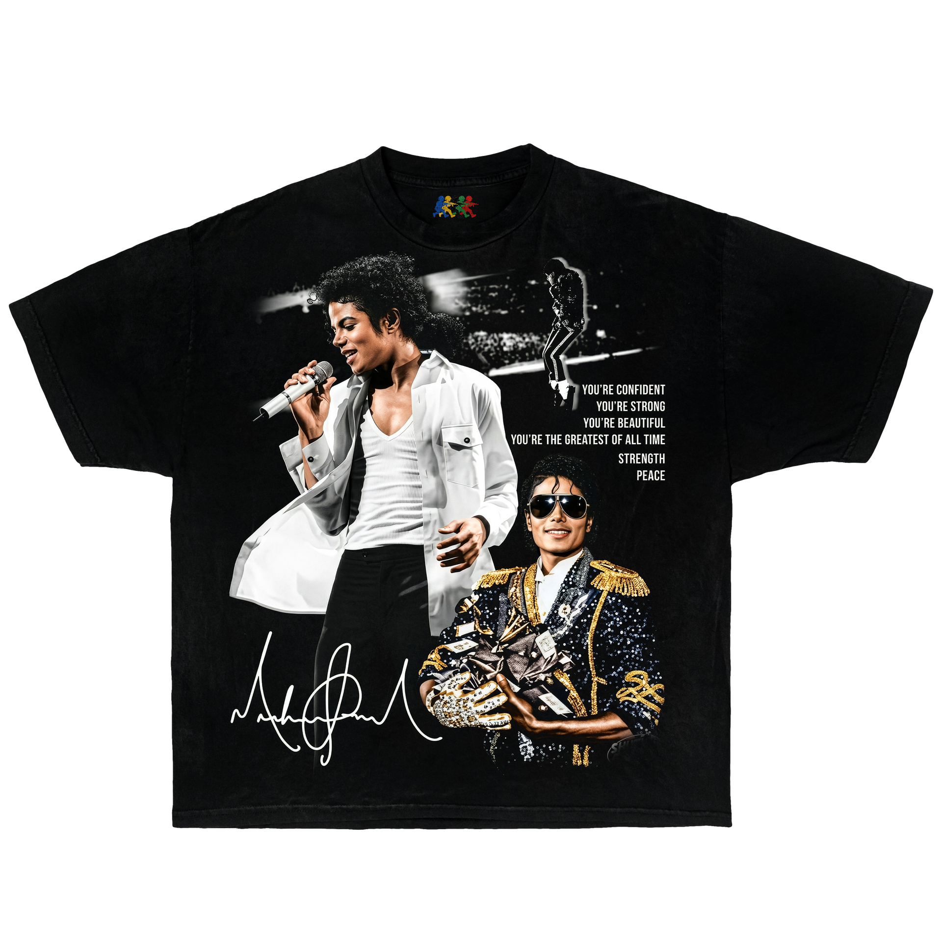 Black Michael Jackson graphic T-shirt featuring performance collage artwork with vintage King of Pop streetwear design