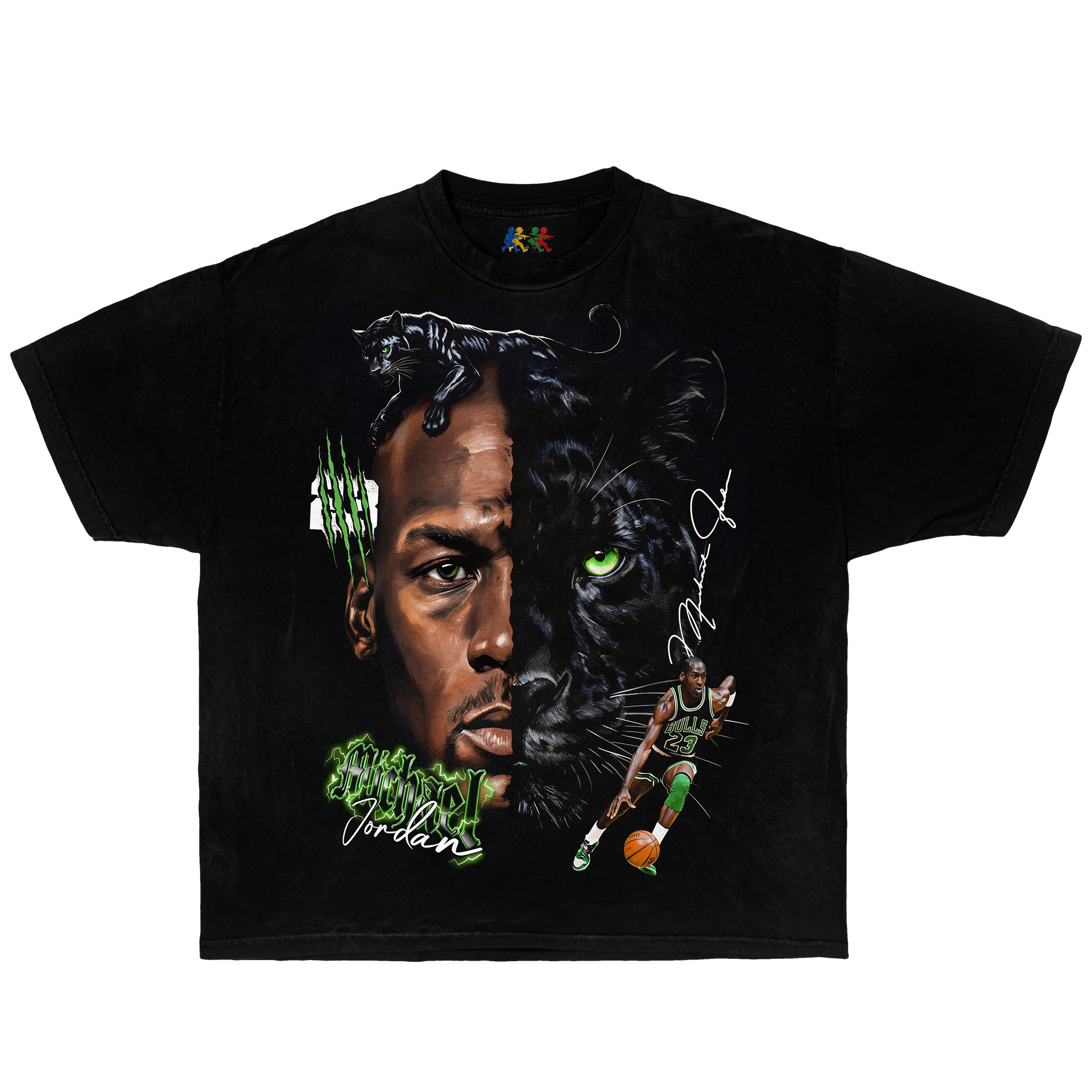 Black Michael Jordan graphic T-shirt featuring a split black panther portrait design with Chicago Bulls basketball artwork