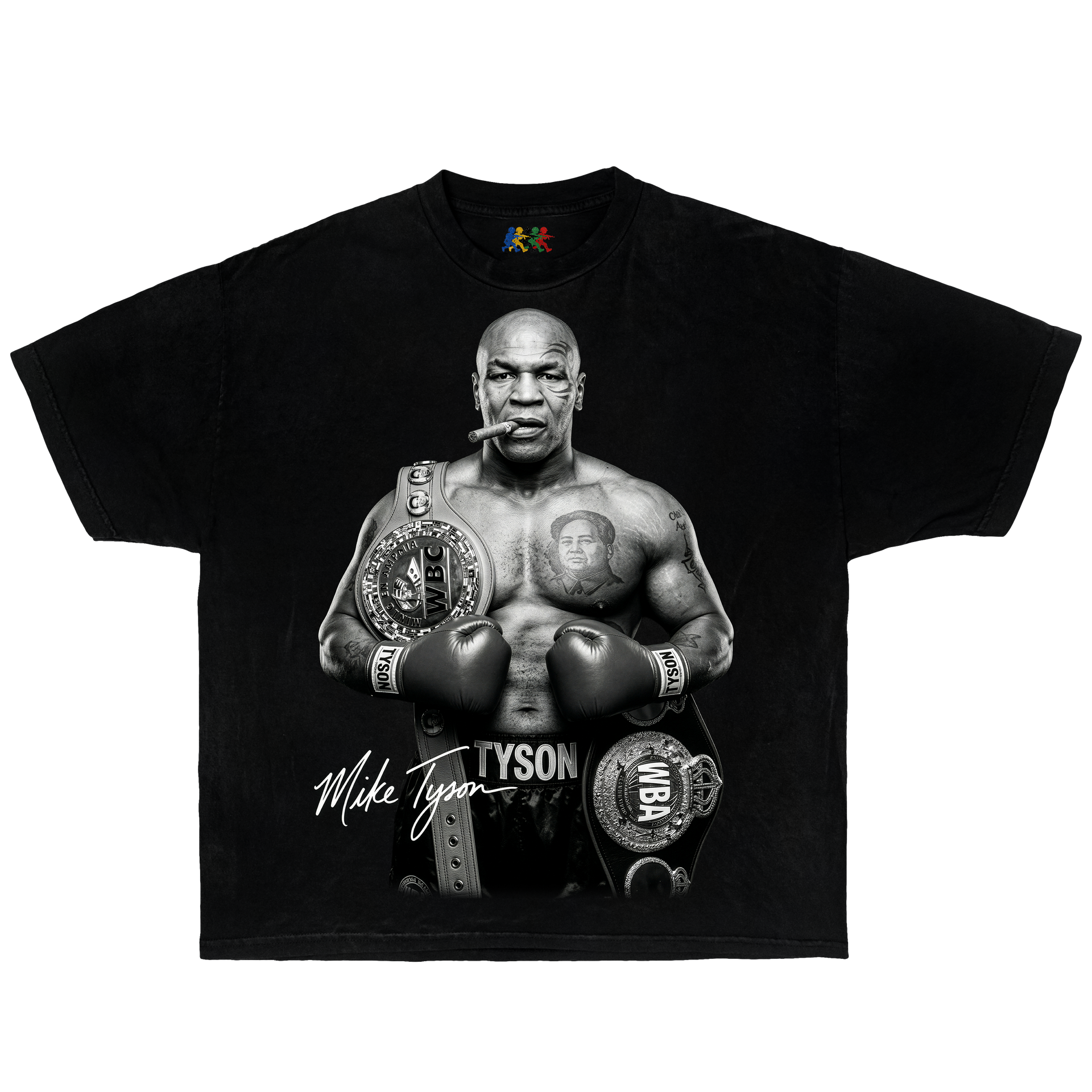 Black Mike Tyson graphic T-shirt featuring a black and white champion portrait with cigar and title belts in vintage boxing style
