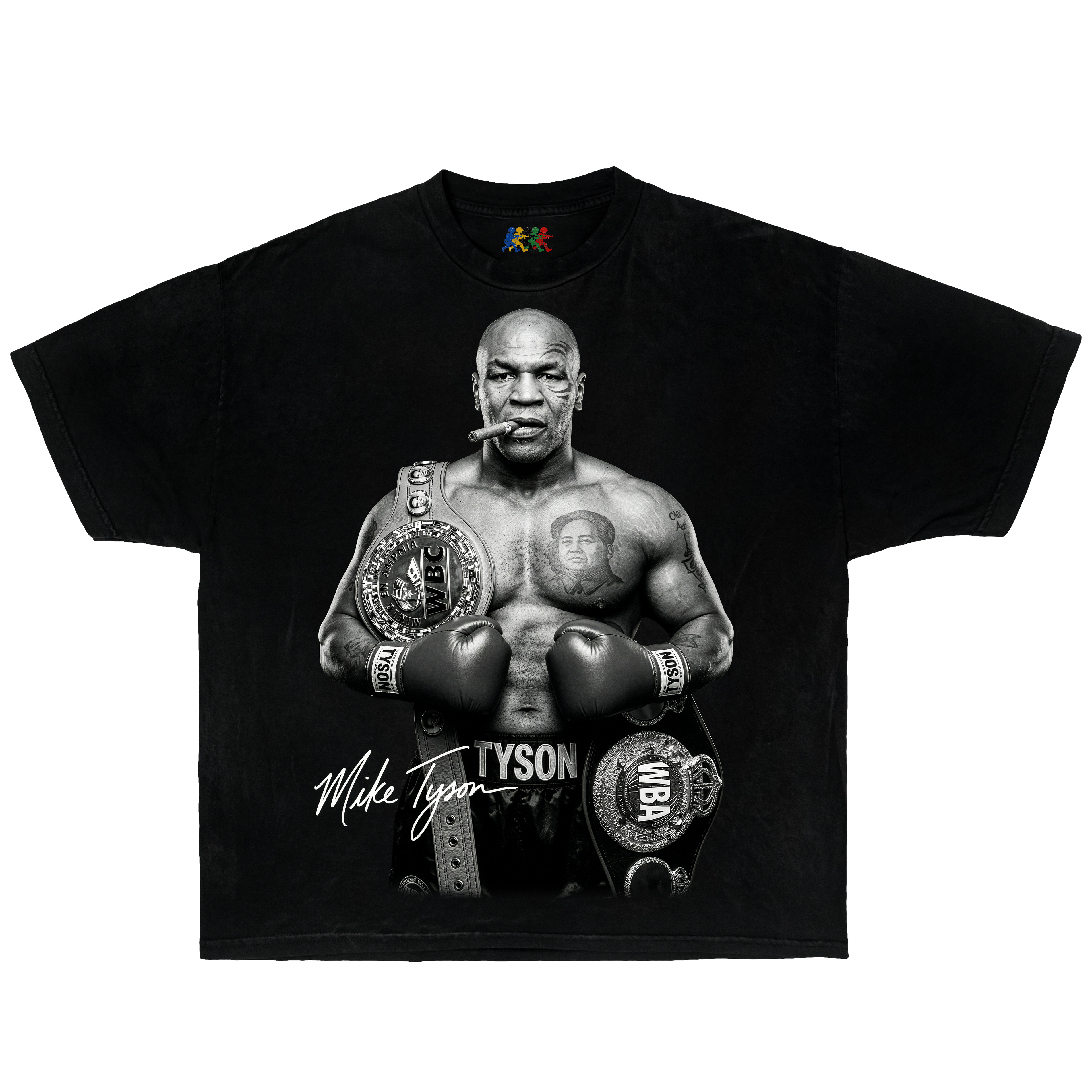Black Mike Tyson graphic T-shirt featuring a black and white champion portrait with cigar and title belts in vintage boxing style