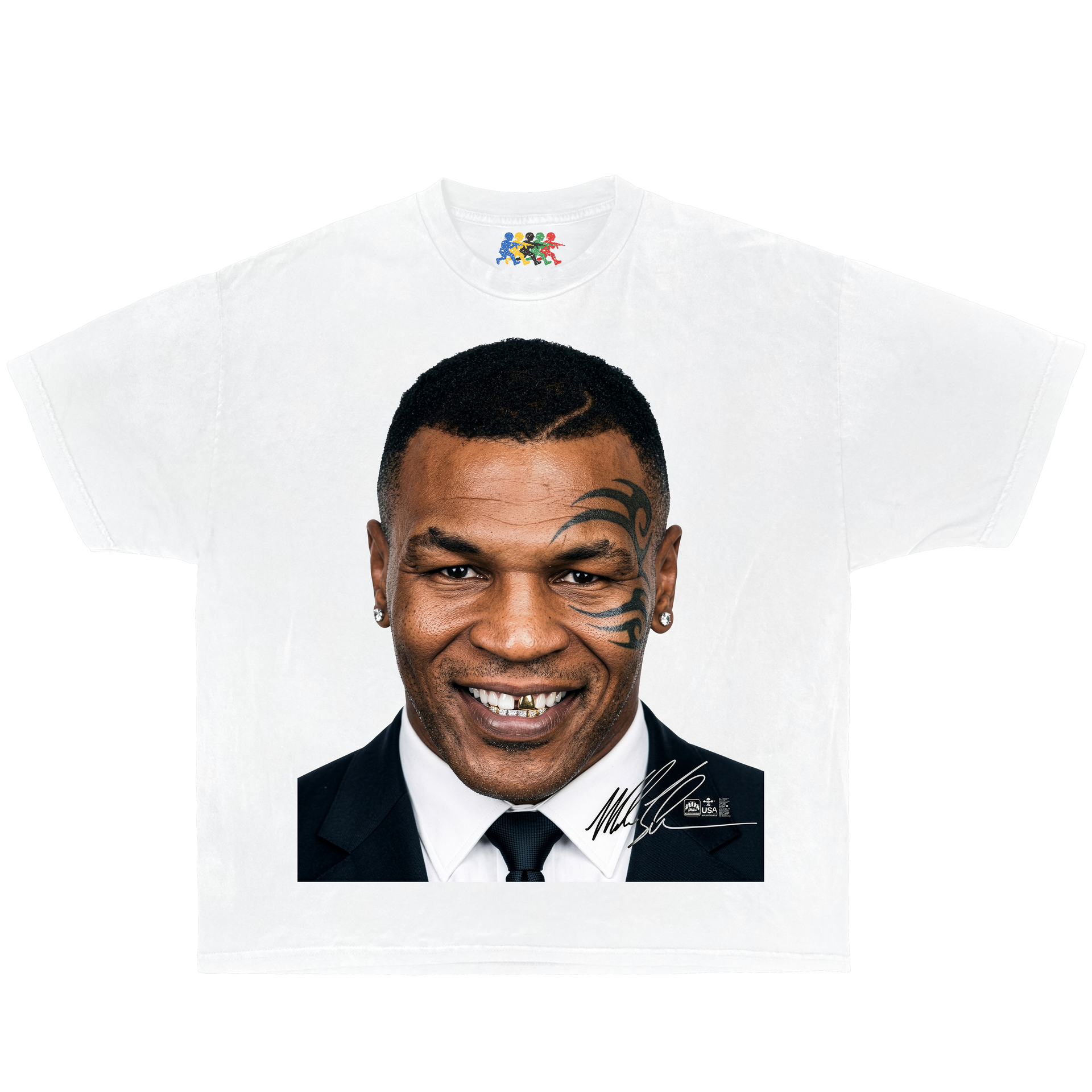 White Mike Tyson graphic T-shirt featuring a smiling suit portrait with face tattoo and signature detail in vintage boxing streetwear style
