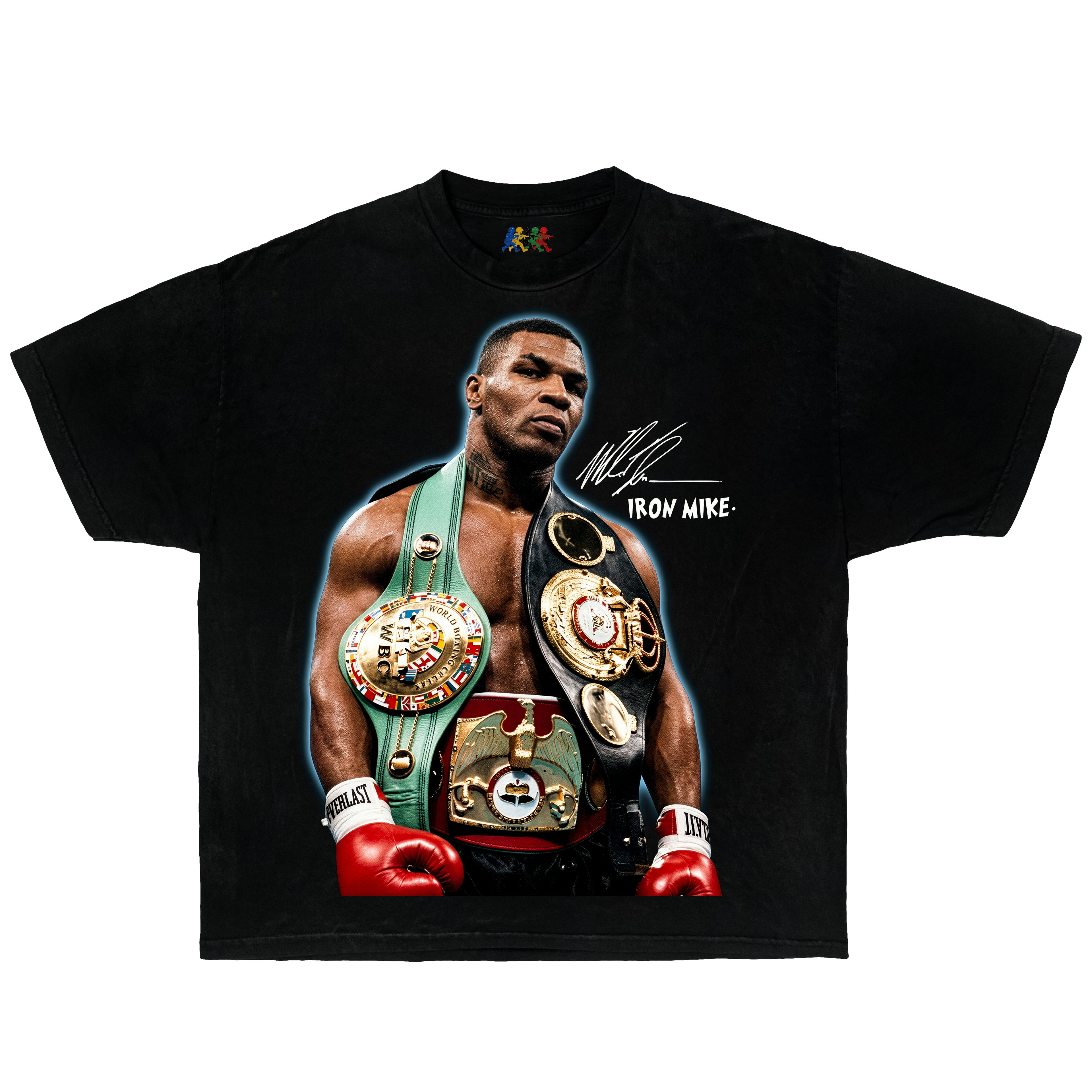Black Mike Tyson graphic T-shirt featuring championship belts, boxing gloves, and Iron Mike signature detail in vintage boxing style